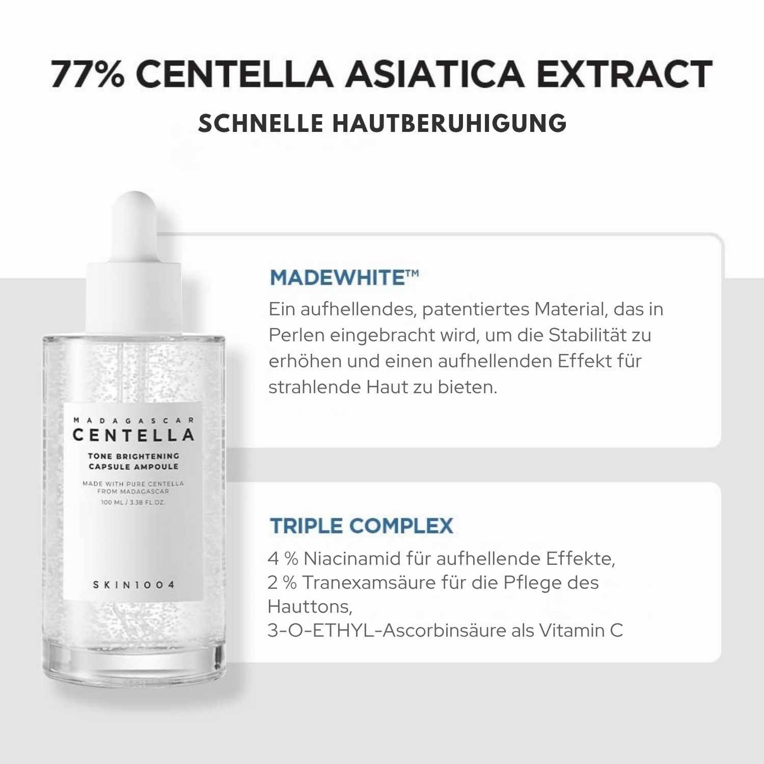 SKIN1004 Gesichtsserum Madagascar Centella Tone Brightening Capsule Ampoule – 100 ml, Strahlender Teint dank 77% Centella Asiatica, Aufhellende Pflege bei Pigmentflecken
