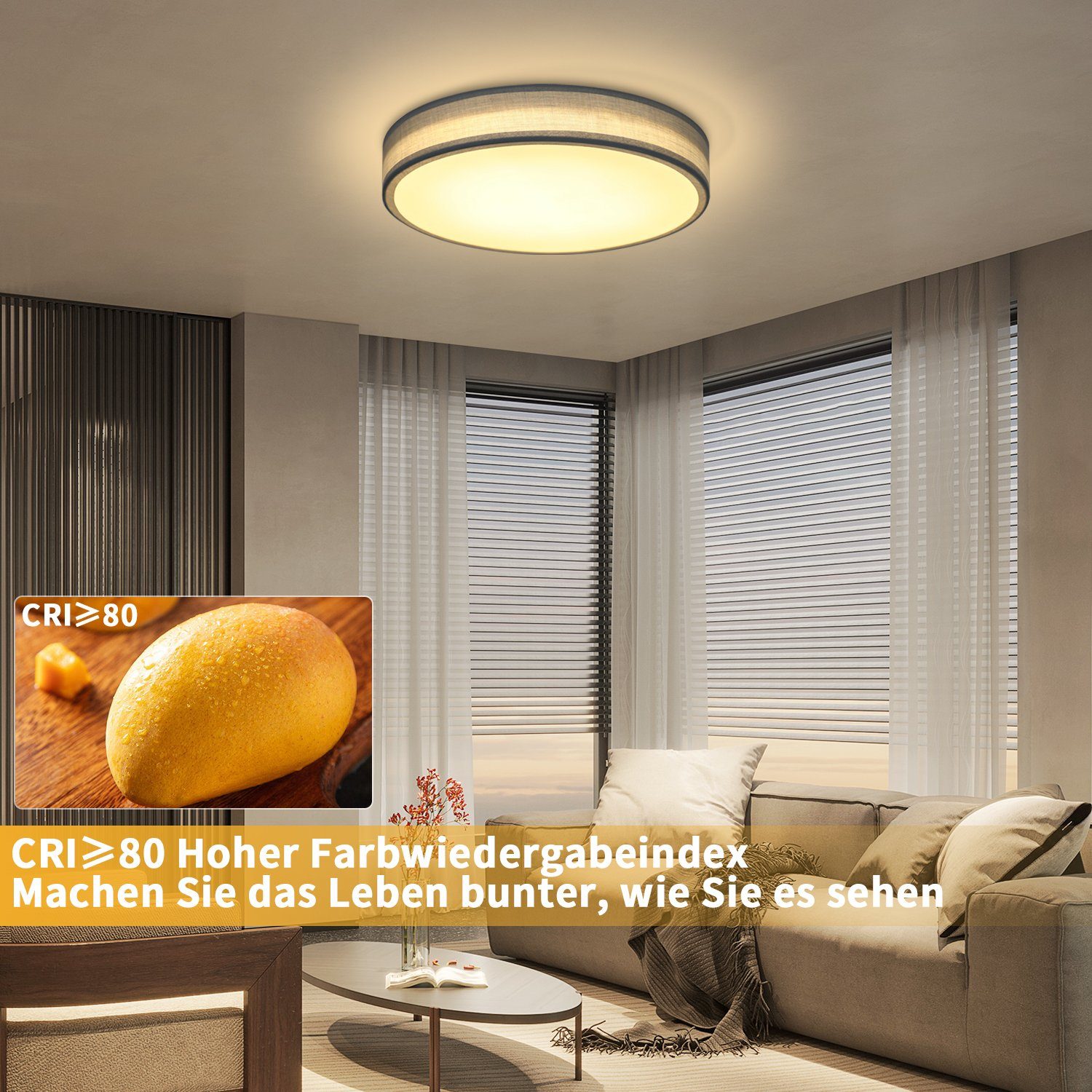 ZMH LED fest Rund Warmweiß, Modern 3000K LED Ø30CM, Stoffschirm 12W Deckenleuchte Hellgrau integriert