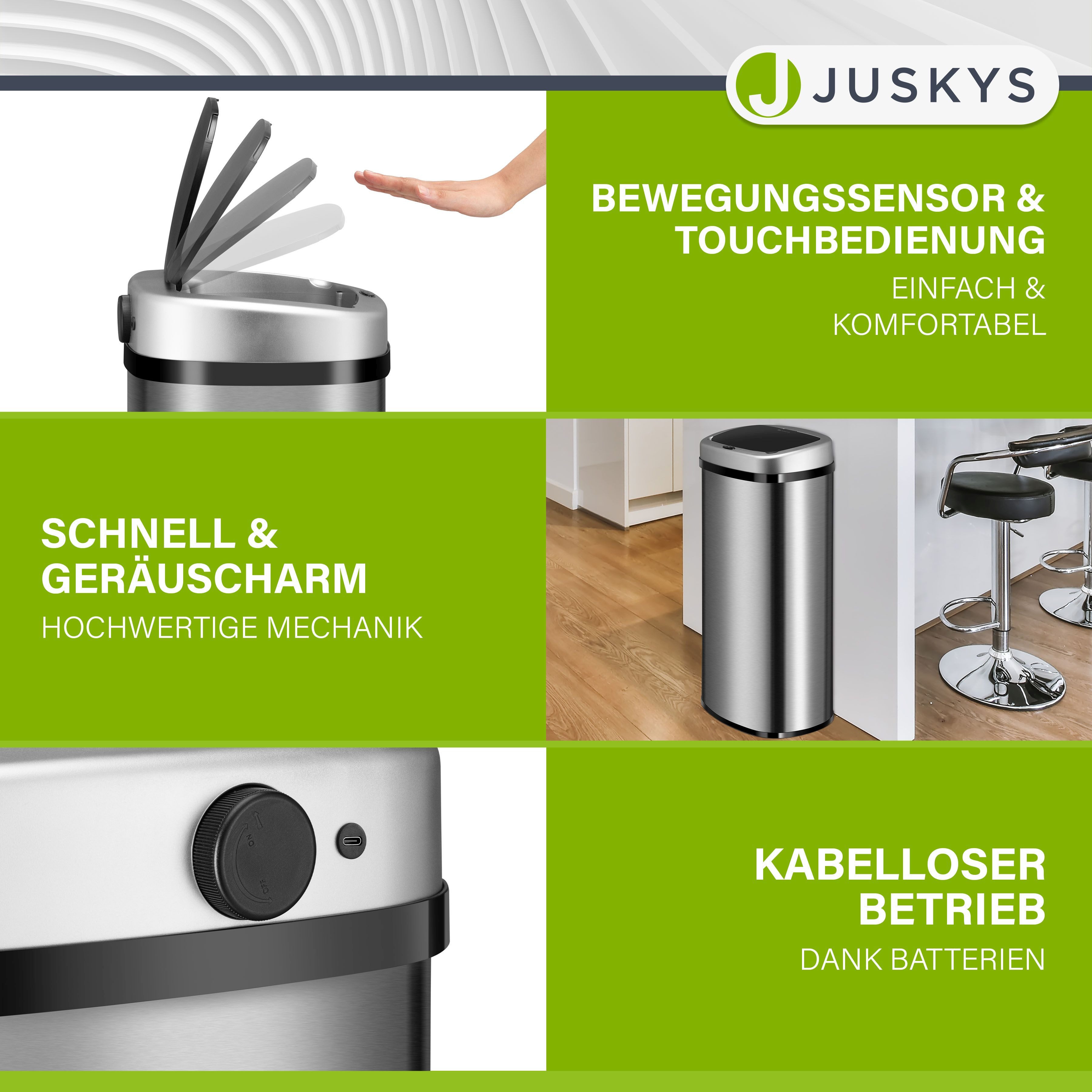 Juskys Mülleimer, 70 L, rostfrei, intelligenter Sensor, batteriebetrieben, geräuscharm