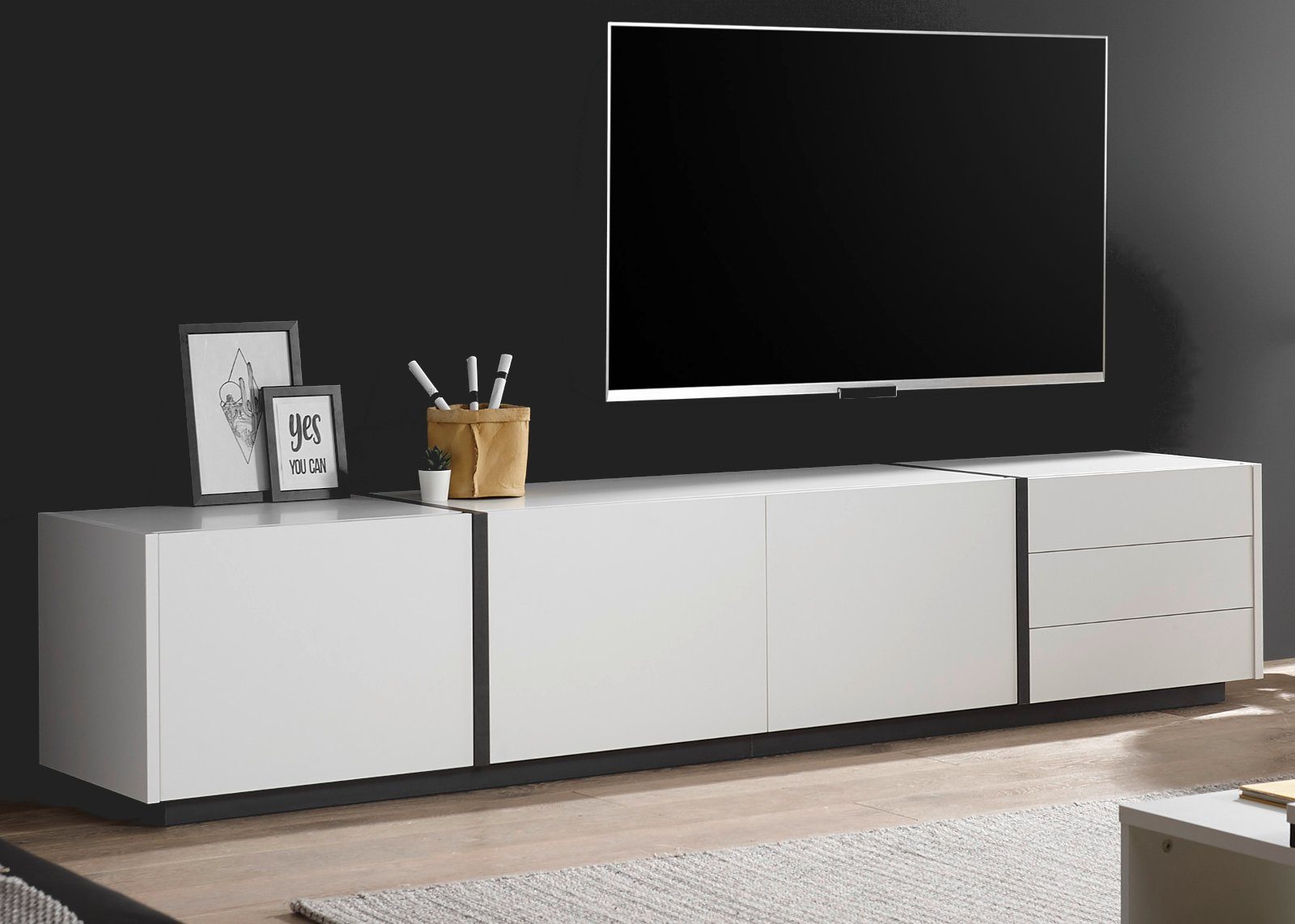 IMV Lowboard Design-M (TV Unterschrank in weiß und grau, XXL-Board 250 x 50  cm), Breite 250 cm, mit Push-To-Open und Soft-Close
