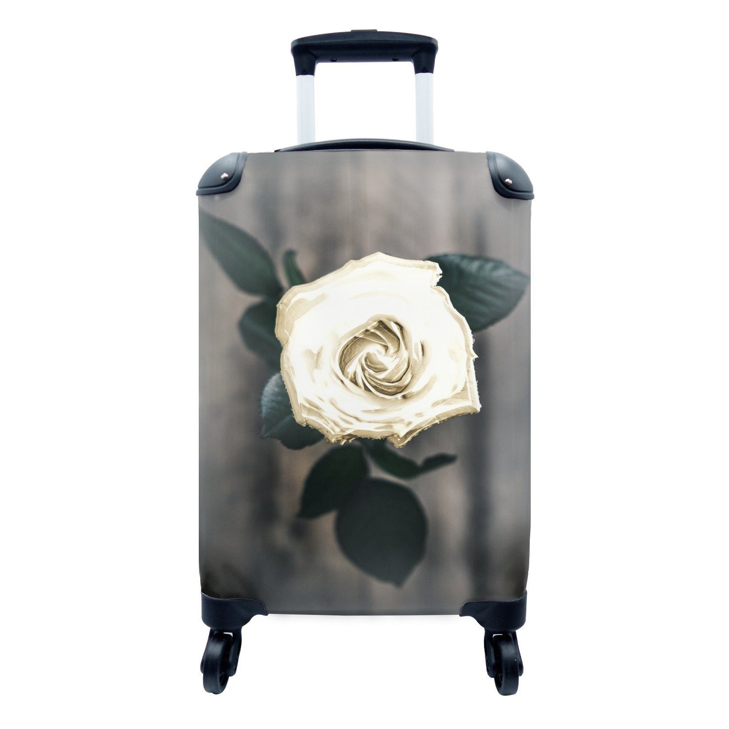 MuchoWow Handgepäckkoffer Blume - Weiß - Grau, 4 Rollen, Reisetasche mit rollen, Handgepäck für Ferien, Trolley, Reisekoffer