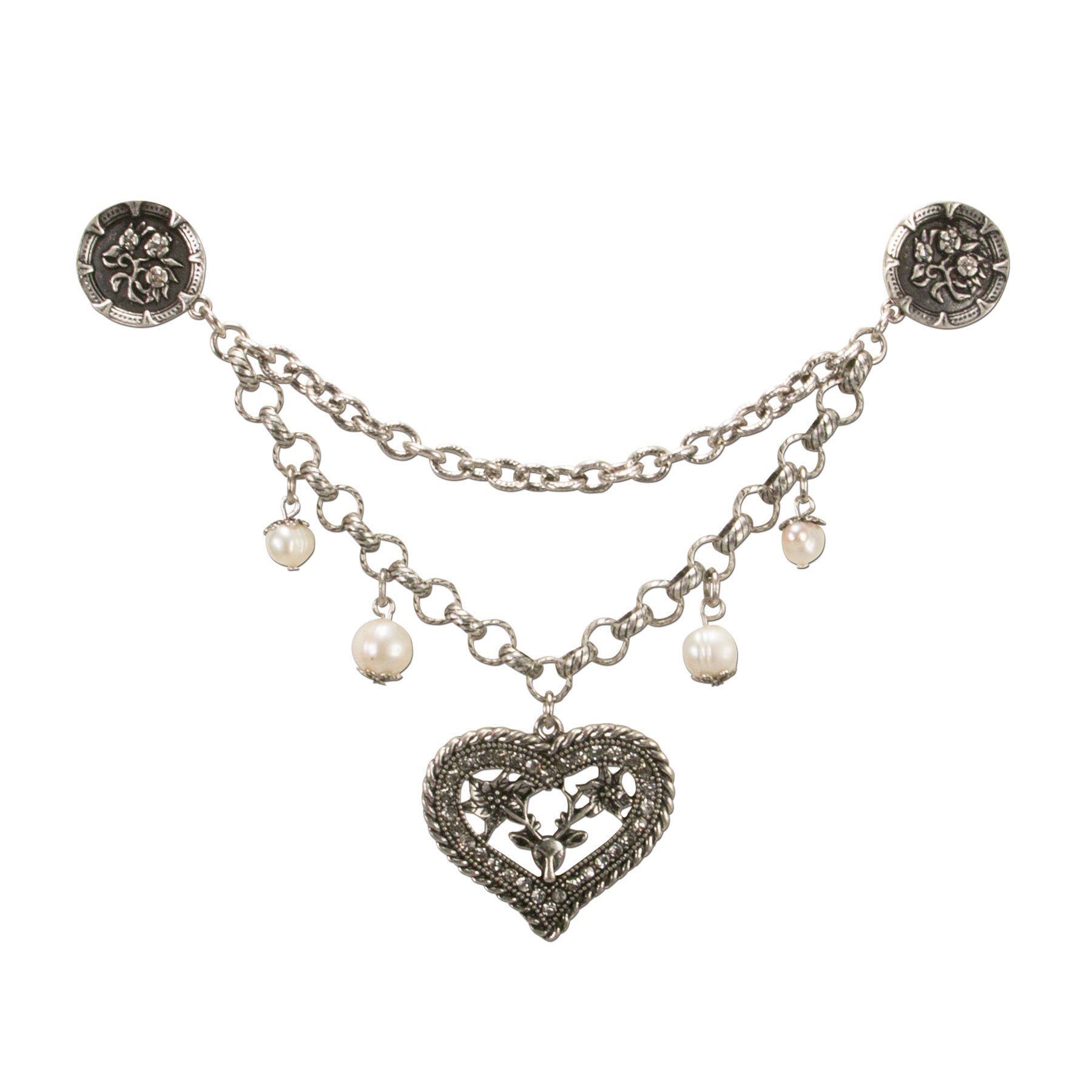 Alpenflüstern Kette mit Anhänger Pin-Charivari Strassherz- Hirsch (antik-silber-farben)