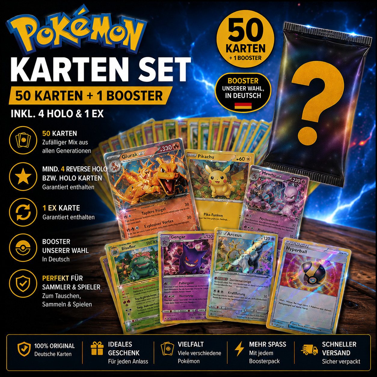 POKÉMON Sammelkarte Pokémon Karten Set Deutsch – 50 Karten + 1 Booster inkl. Holo & EX, 50 Pokémon Karten auf Deutsch