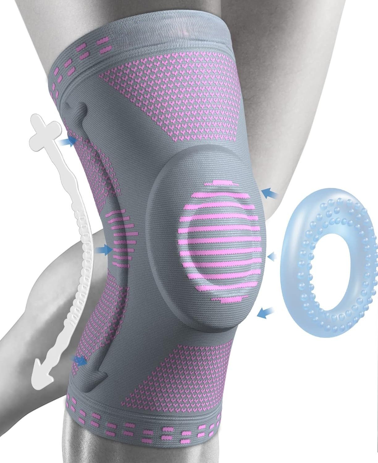 LA CUTE Kniebandage Kompressions-Kniebandage Pink Grau mit Patella Pad & Stabilisatoren (Einzelne Kniebandage mit Stabilisatoren & Gel Pad, 1er Set Kniebandage Pink Grau für Sport & Alltag), Kompressions-Kniebandage Patella Gel Pad Stabilisatoren, rutschfest