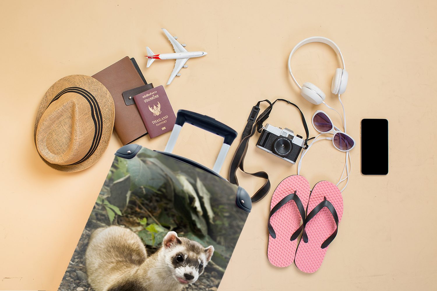 Reisetasche Rollen, Wiesel 4 MuchoWow rollen, für - - Trolley, Tier Blätter, Handgepäckkoffer Handgepäck Reisekoffer mit Ferien,