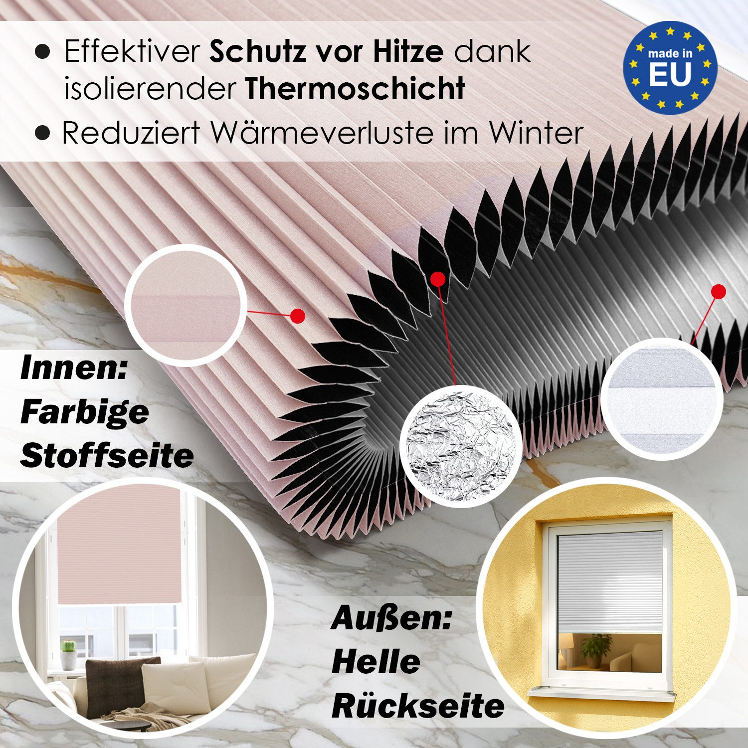 DomDeco Wabenplissee Thermo Plissee ohne Bohren - Hitzeschutz, Verdunkelung, verspannt, abdunkelnd, Klemmfix, stufenlos, kälteschutz, modernes Fensterplissee