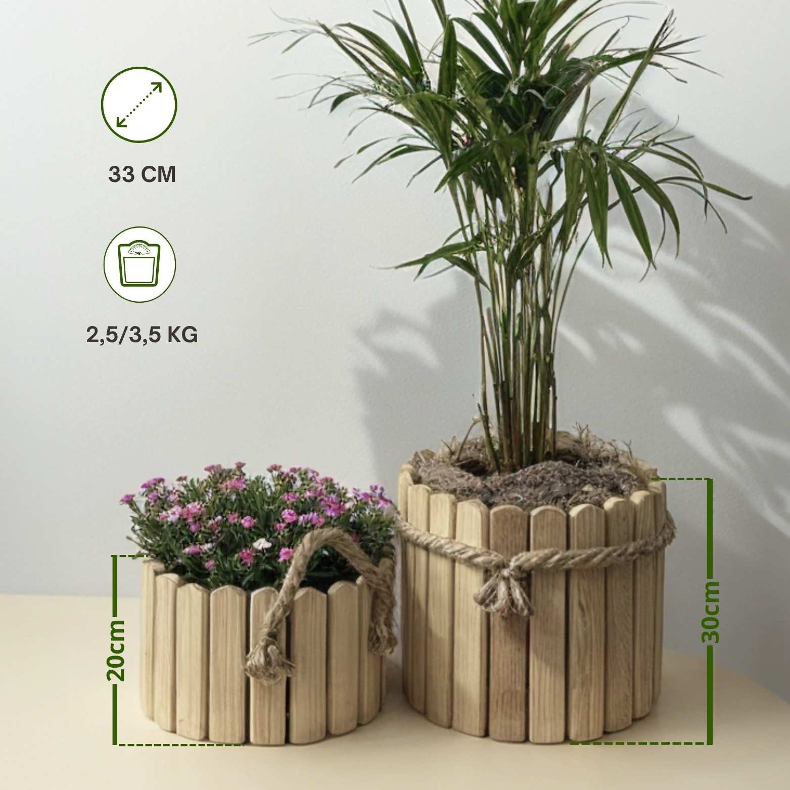 Floranica Übertopf Runder Blumentopf aus Holz Pflanzentopf Pflanzkübel (mit Juteschnur als Griffimitat, 1 St., Unbehandelt), Dekoration für Haus und Garten, für Innen- und Außenbereich