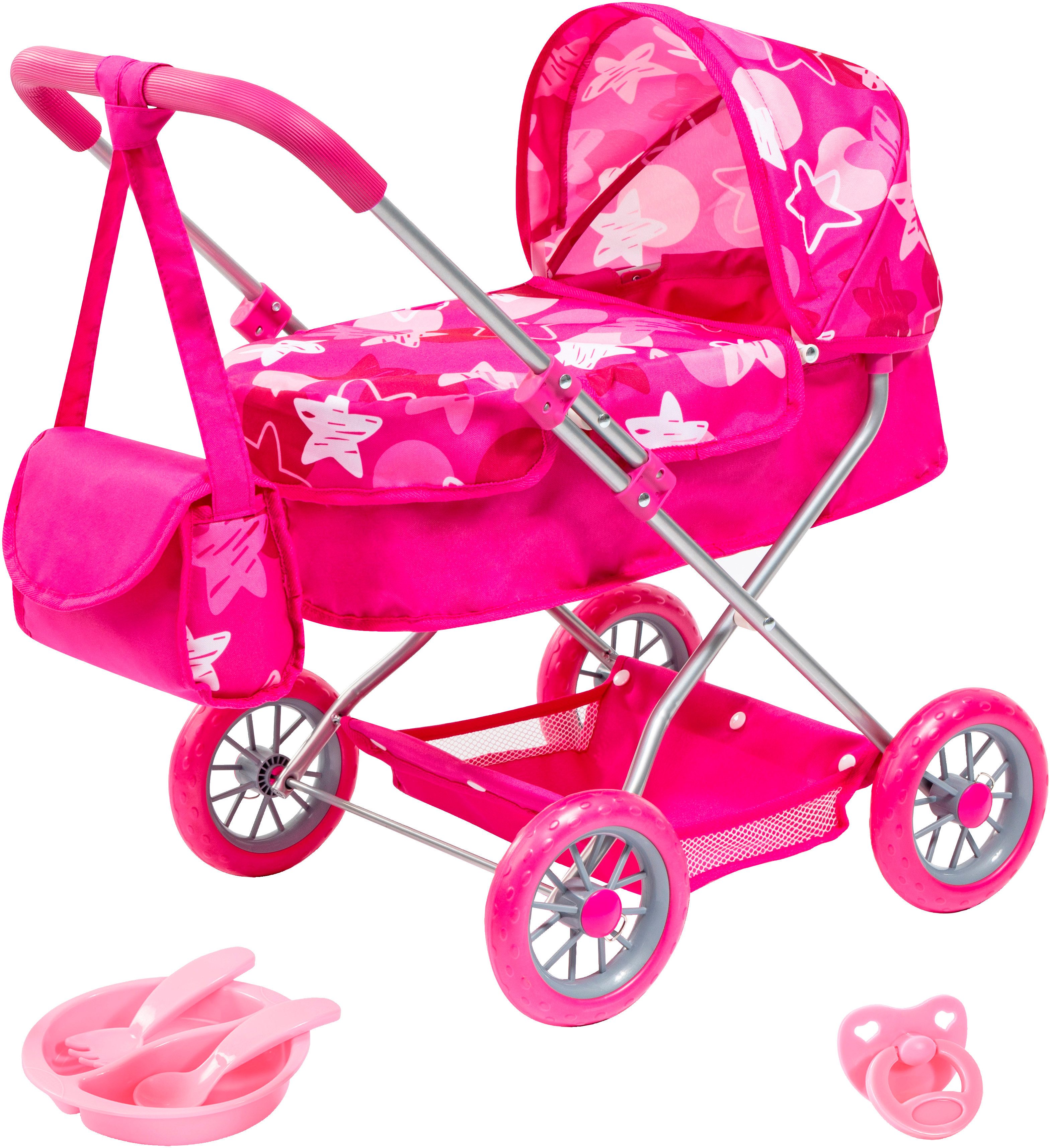 Bayer Puppenwagen Smarty pink, (Set, 6-tlg), mit Umhängetasche, Teller, Gabel, Löffel und Schnuller