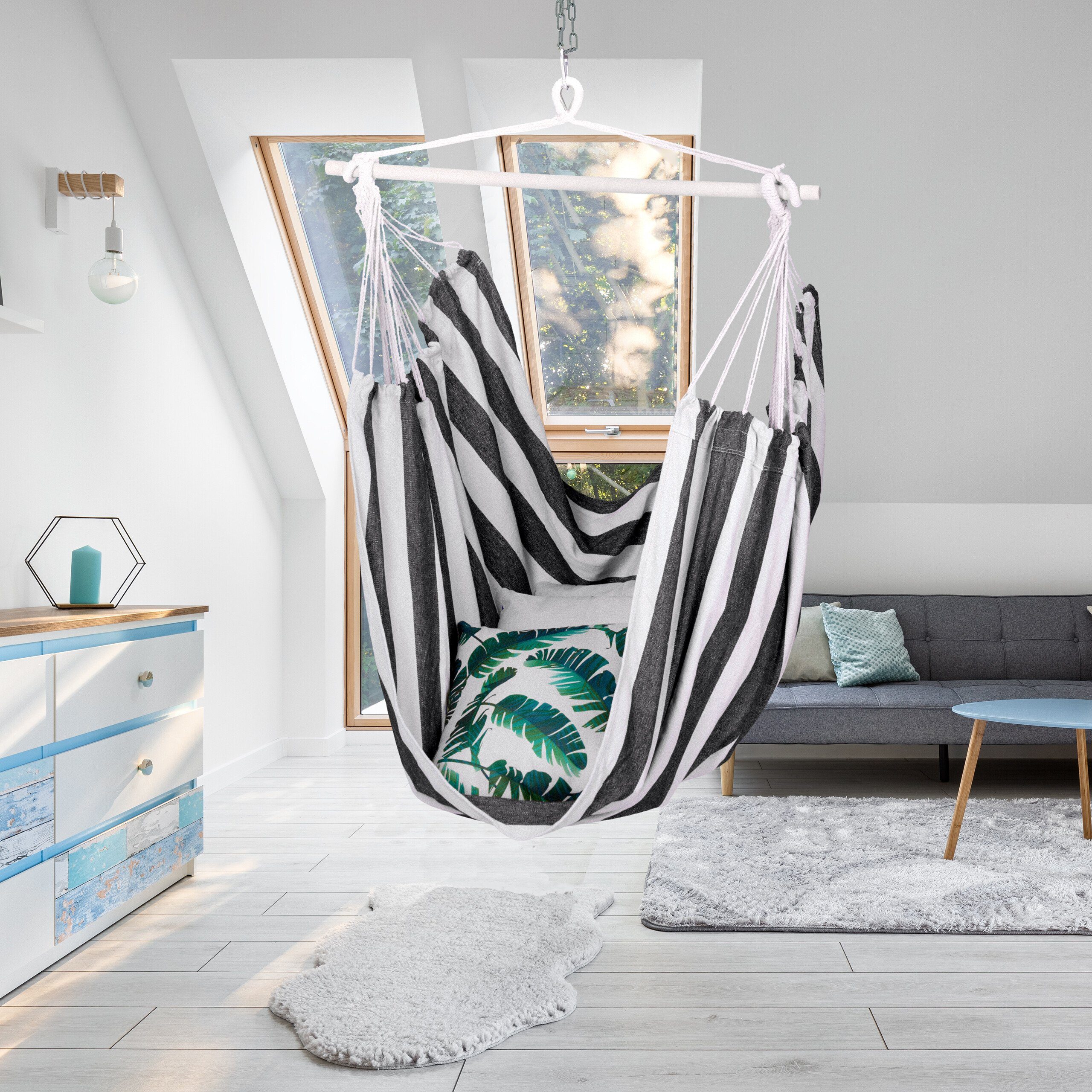 relaxdays Hängesessel mit Streife, Weiß-Schwarz günstig online kaufen