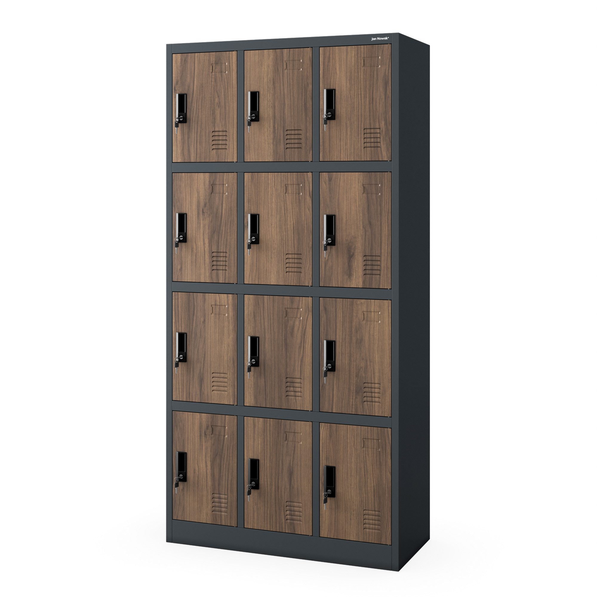 Jan Nowak Mehrzweckschrank Metall Schließfachschrank 90 cm MARCIN 12 Fächer abschließbar (Spind Garderobenschrank Umkleide Arbeitsraum Sozialraum Betrieb, 0,6 mm 185 x 90 x 40 cm Lüftungsschlitze Wandmontage robust) Zylinderschloss je Fach Namensschildhalter langlebig 10 Farben