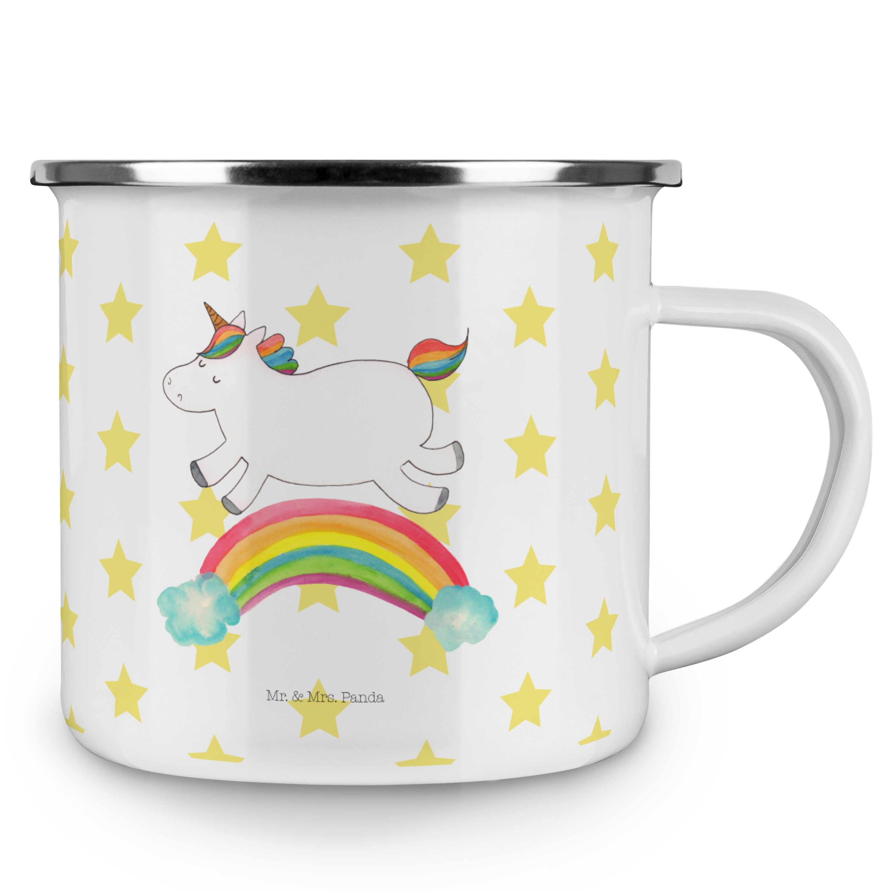 Mr. Geschenk, Unicorn, Becher Mrs. - Panda - Edelstahl & Emaille Trinkbecher, Regenbogen Einhorn Weiß