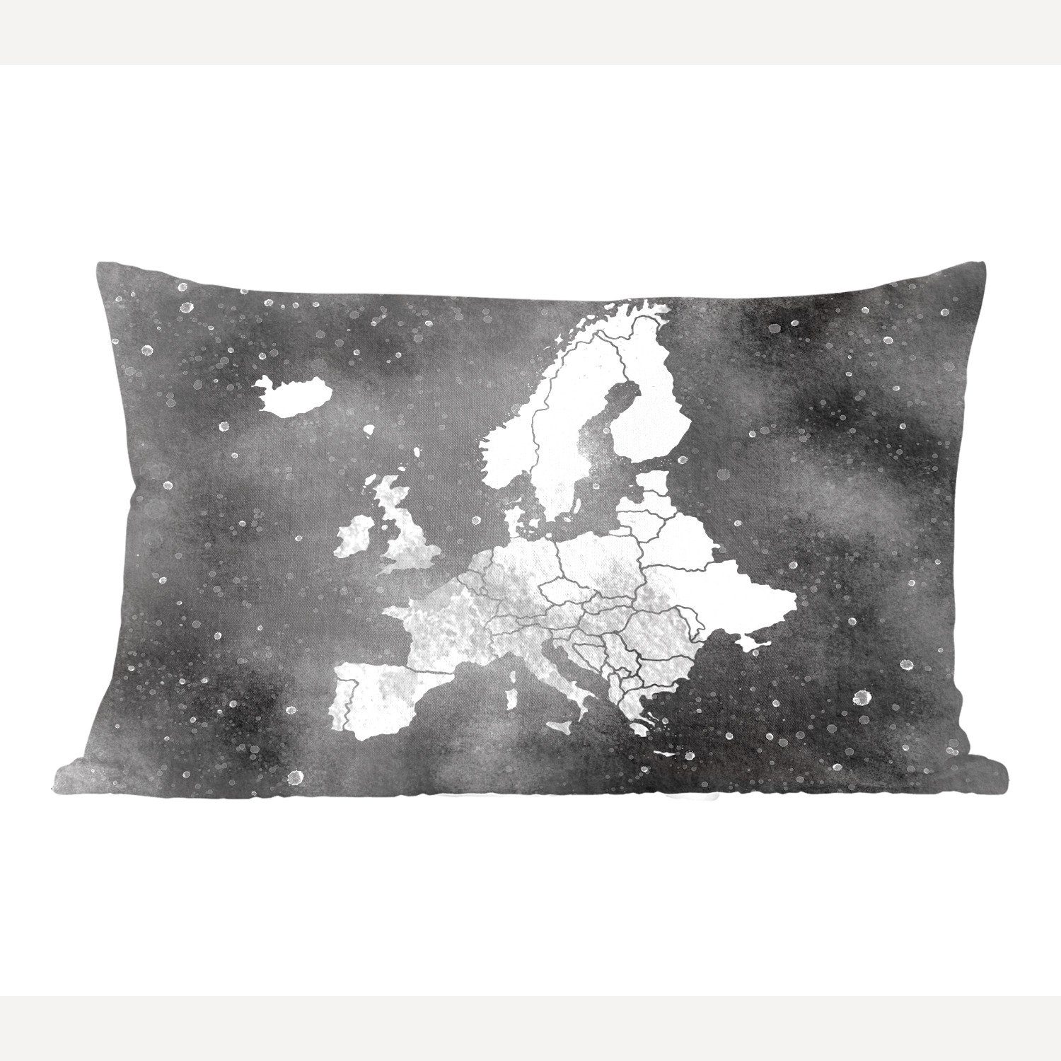 MuchoWow Dekokissen Europa-Karte auf Galaxie Hintergrund in Aquarell - schwarz und weiß, Wohzimmer Dekoration, Zierkissen, Dekokissen mit Füllung, Schlafzimmer