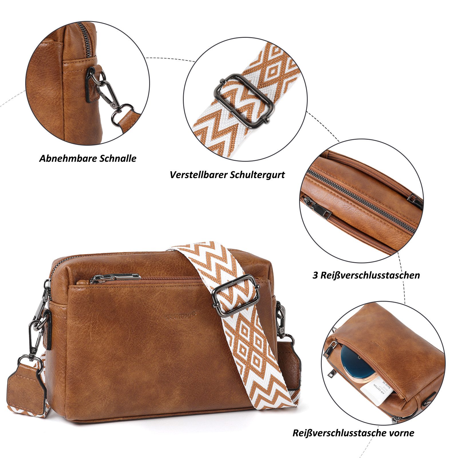 TAN.TOMI Umhängetasche Damen Handy Umhängetasche, Crossbody Schultertasche (Drei Reißverschlussfächern mit Verstellbar Abnehmbar Schultergurt), Handtasche Damen für Tägliches Arbeiten,Einkaufen,Reisen