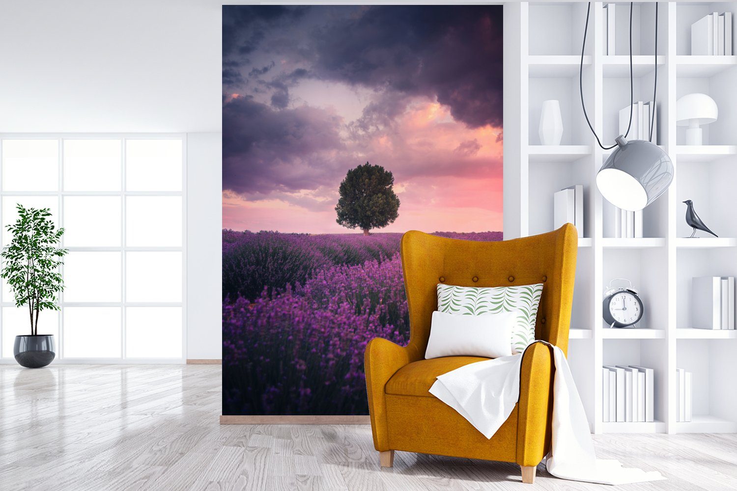 - Montagefertig MuchoWow für Wandtapete - St), Blumen Lavendel Tapete Lila Wohnzimmer, bedruckt, Matt, - Vinyl Natur, (3 Baum Fototapete -
