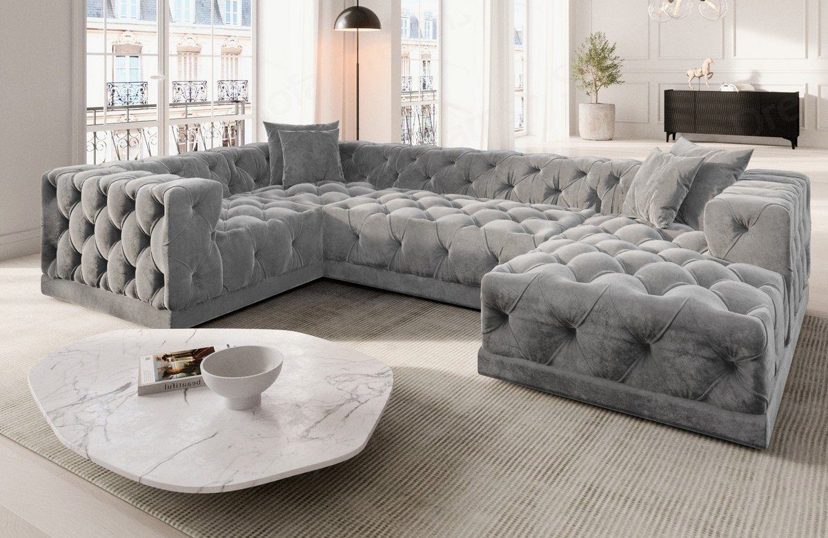 Sofa Dreams Wohnlandschaft Designer Stoff Sofa Palma U Form Samtstoff Stoffsofa, Loungesofa, Chesterfield Stil