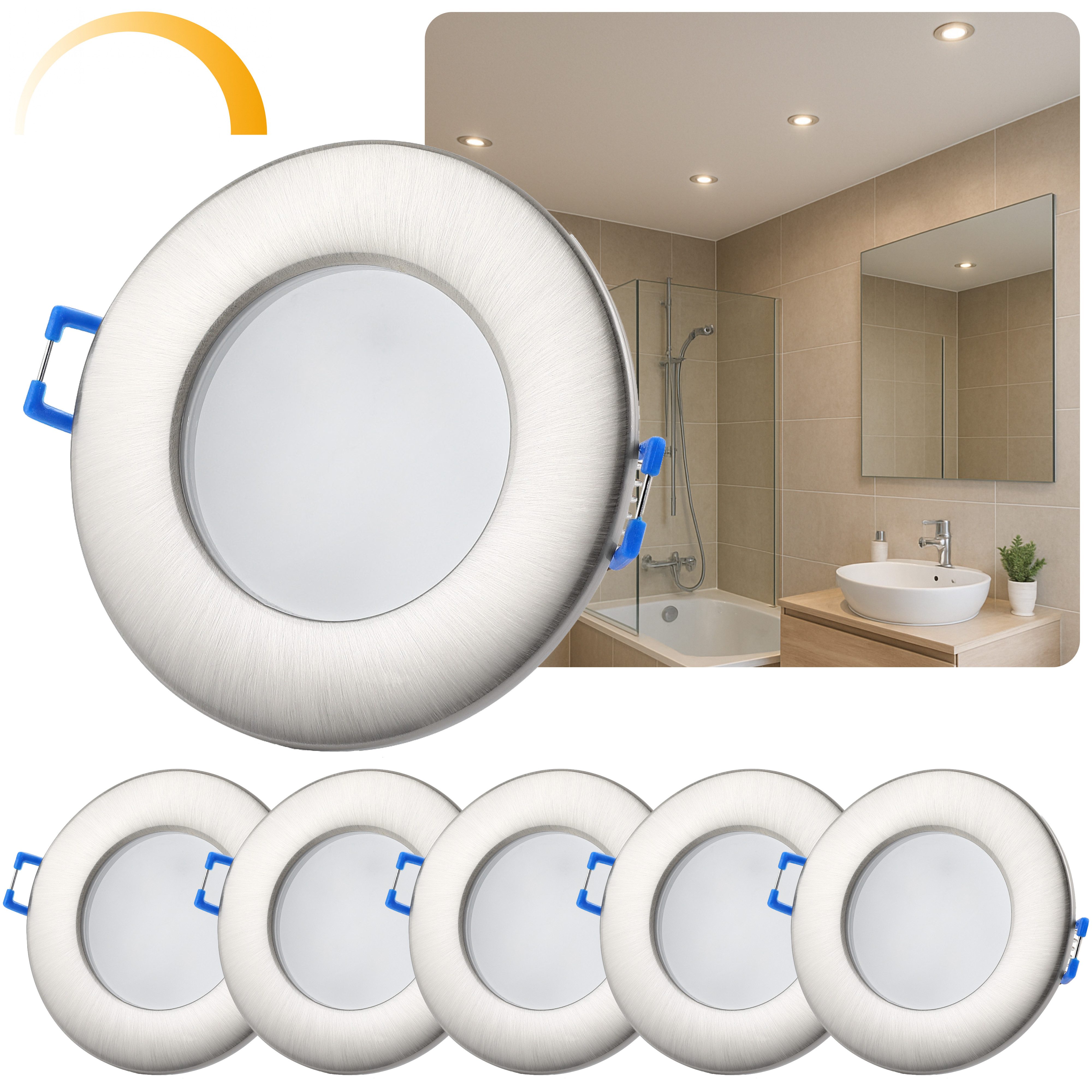 Sweet LED LED Einbaustrahler 5er Set IP44 flach für Bad & Küche 6,5 W 230V dimmbar, Dimmfunktion, LED fest integriert, 3000K - warmweiß, Deckenspots, Deckenstrahler, Einbauleuchten