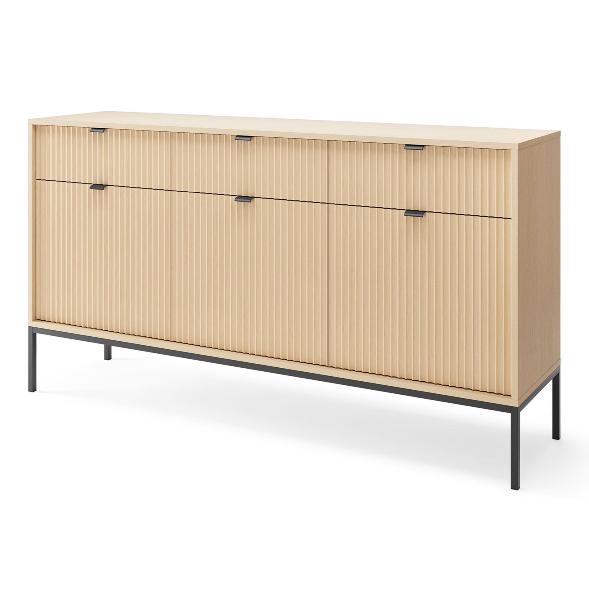 Selsey Sideboard VELLORE, 154 cm, 3 Türen & 3 Schubladen, geriffelte MDF-Fronten, Metallgestell