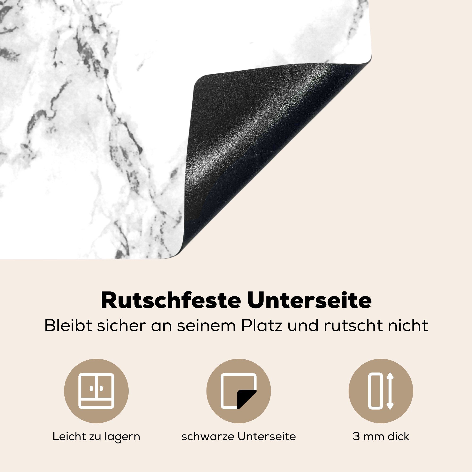 MuchoWow Herdblende-/Abdeckplatte Heller Marmor - und mit weiß, (1 78x78 Ceranfeldabdeckung, Adern für cm, tlg), schwarzen küche Arbeitsplatte Vinyl, schwarz