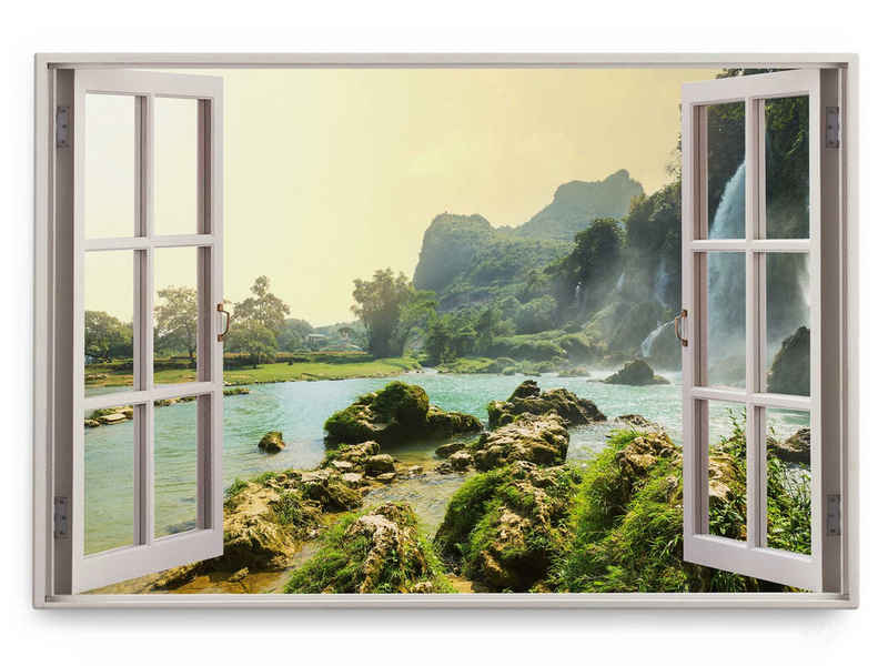 Sinus Art Leinwandbild Wandbild 120x80cm Fensterbild Vietnam Wasserfälle Grün Natur Tropisch, (1 St)