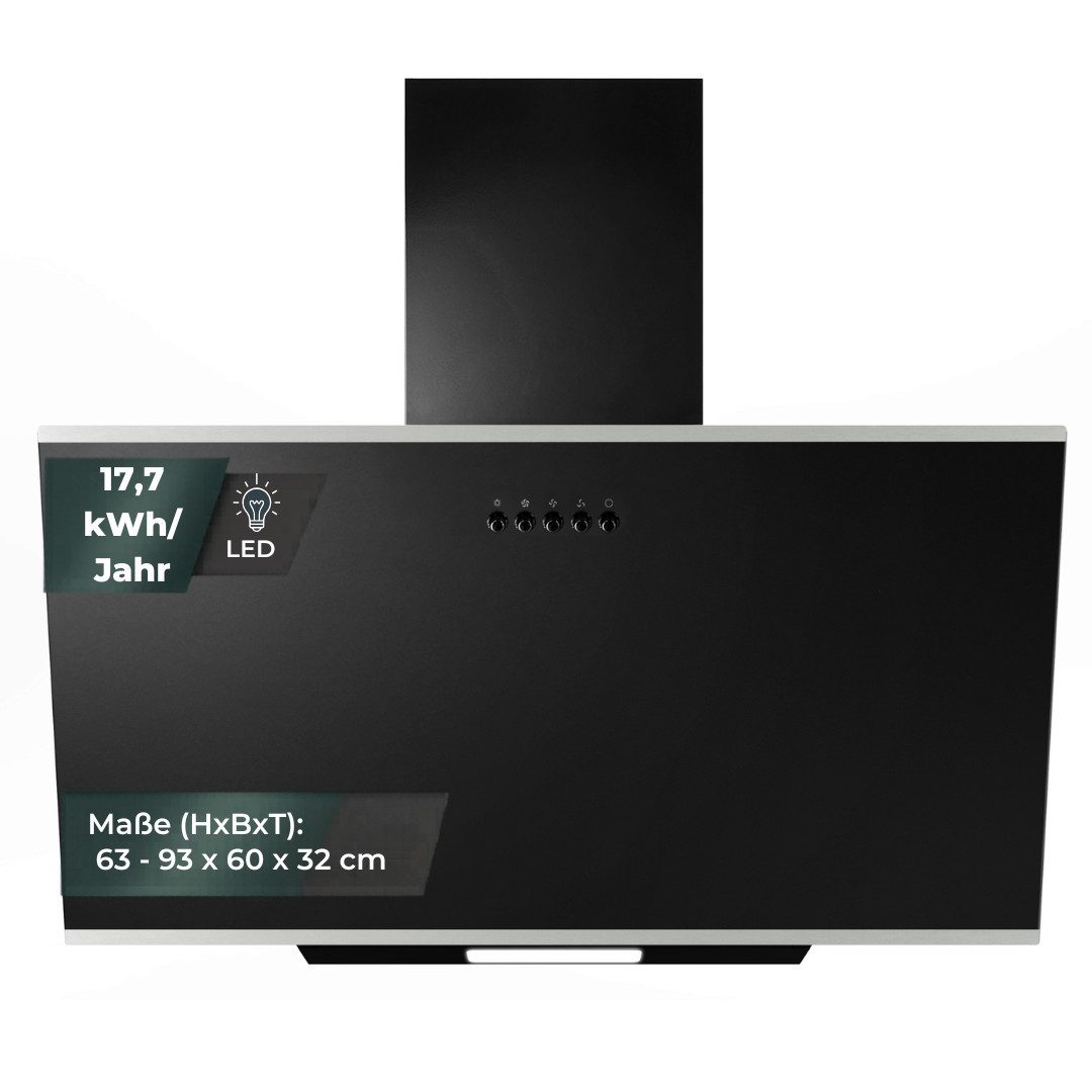 YUNA Kopffreihaube Dunstabzugshaube Schräghaube DUSICA, 60 cm, Umluft oder Abluft 60cm breit, LED-Beleuchtung, Abluft- und Umluft, schwarze Glasfront