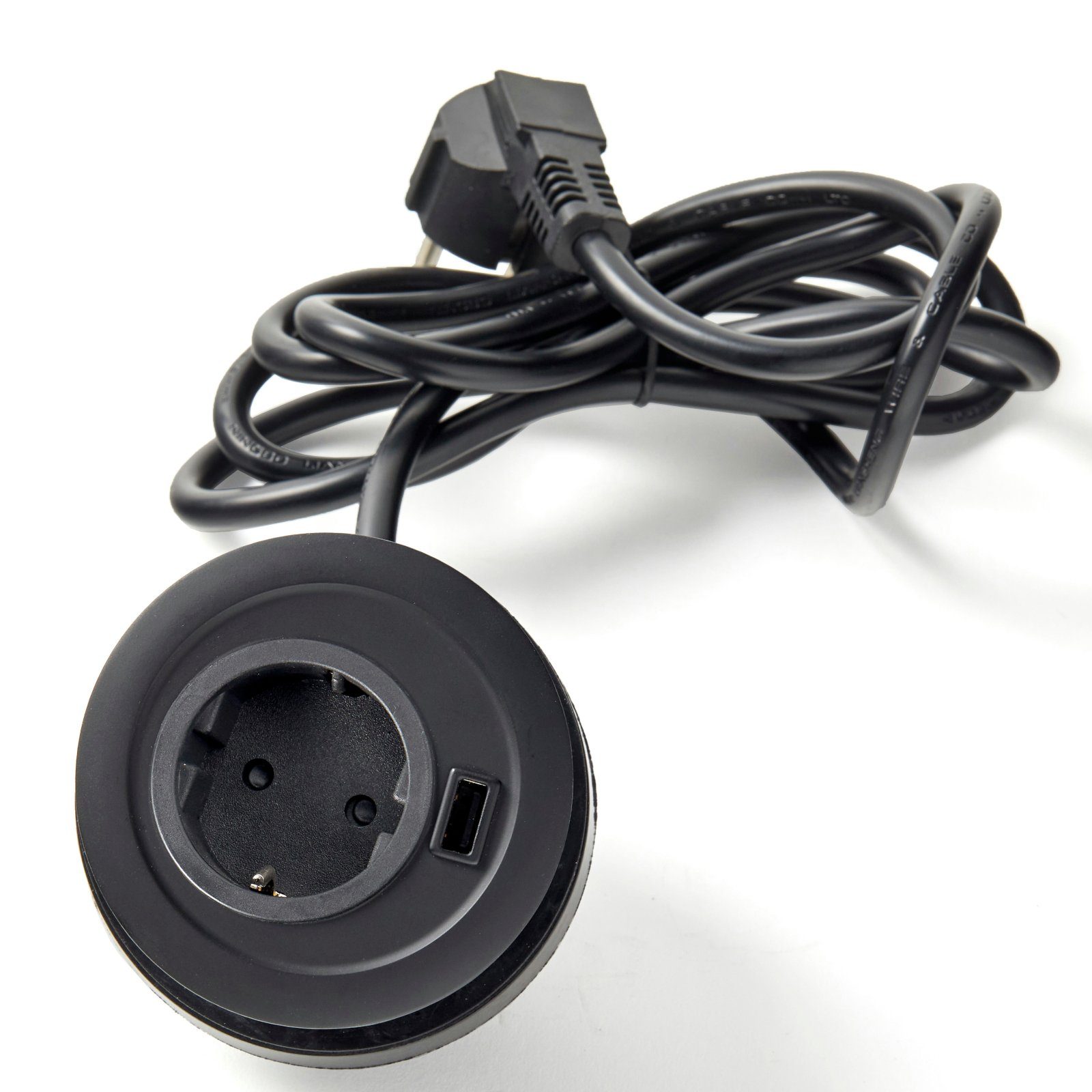 SO-TECH® Einbau Tischsteckdose mit Kabel und Stecker Einbau-Tischsteckdose, schwarz, rund, 1-fach, 1x USB-A