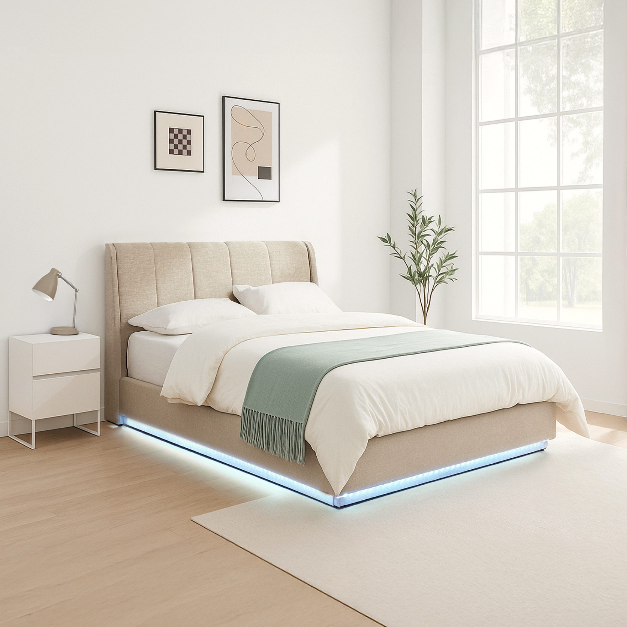 en.casa Polsterbett, »Tröstiar« mit LED-Beleuchtung Bettkasten Leinen 140 x 200 cm Beige