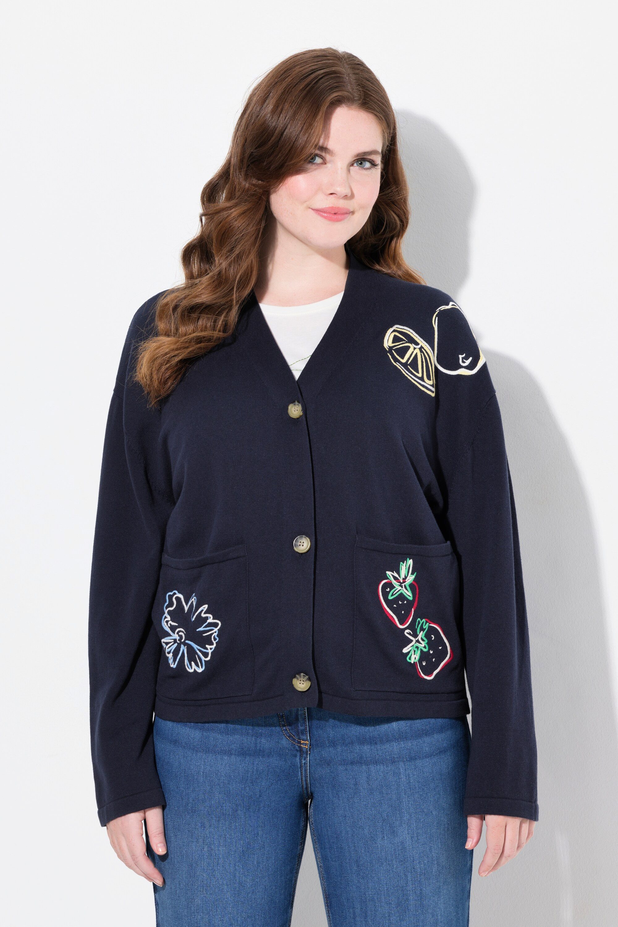 Ulla Popken Strickjacke Strickjacke Stickerei V-Ausschnitt günstig online kaufen