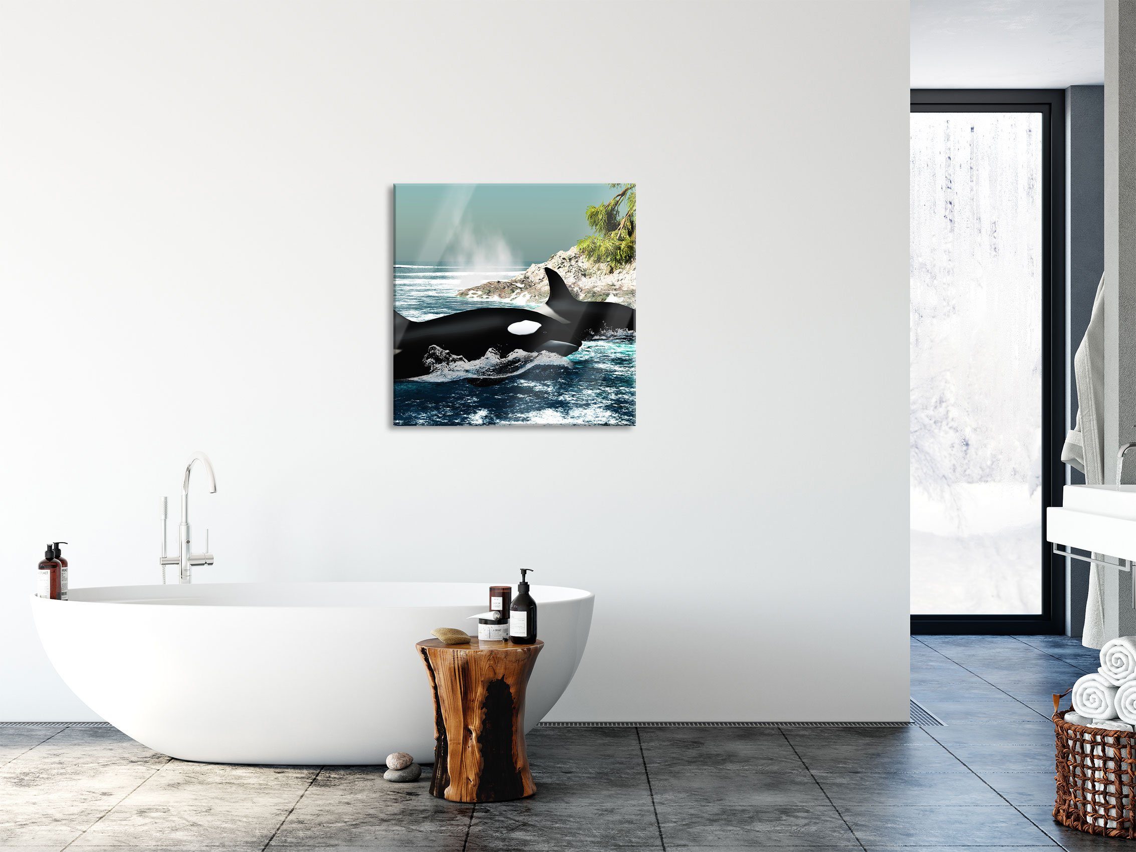 inkl. (1 Pixxprint aus Glasbild St), Abstandshalter Orcas Glasbild Insel, und Orcas Echtglas, Insel Aufhängungen vor vor