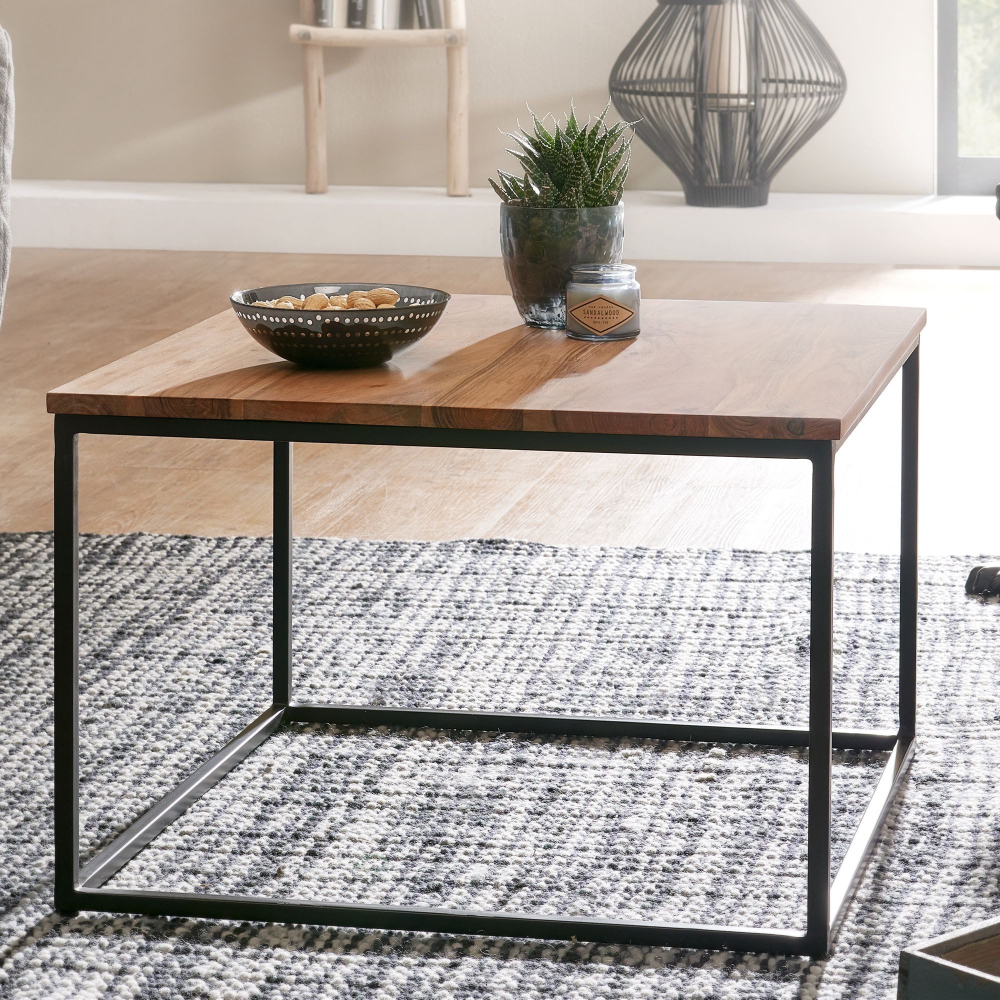 FINEBUY Couchtisch FB67553 quadratisch 60cm Akazie Massivholz Design Wohnzimmertisch (60x60x41 cm Akazie Massivholz / Metall, Sofatisch), Wohnzimmertisch Quadratisch, Kaffeetisch Klein