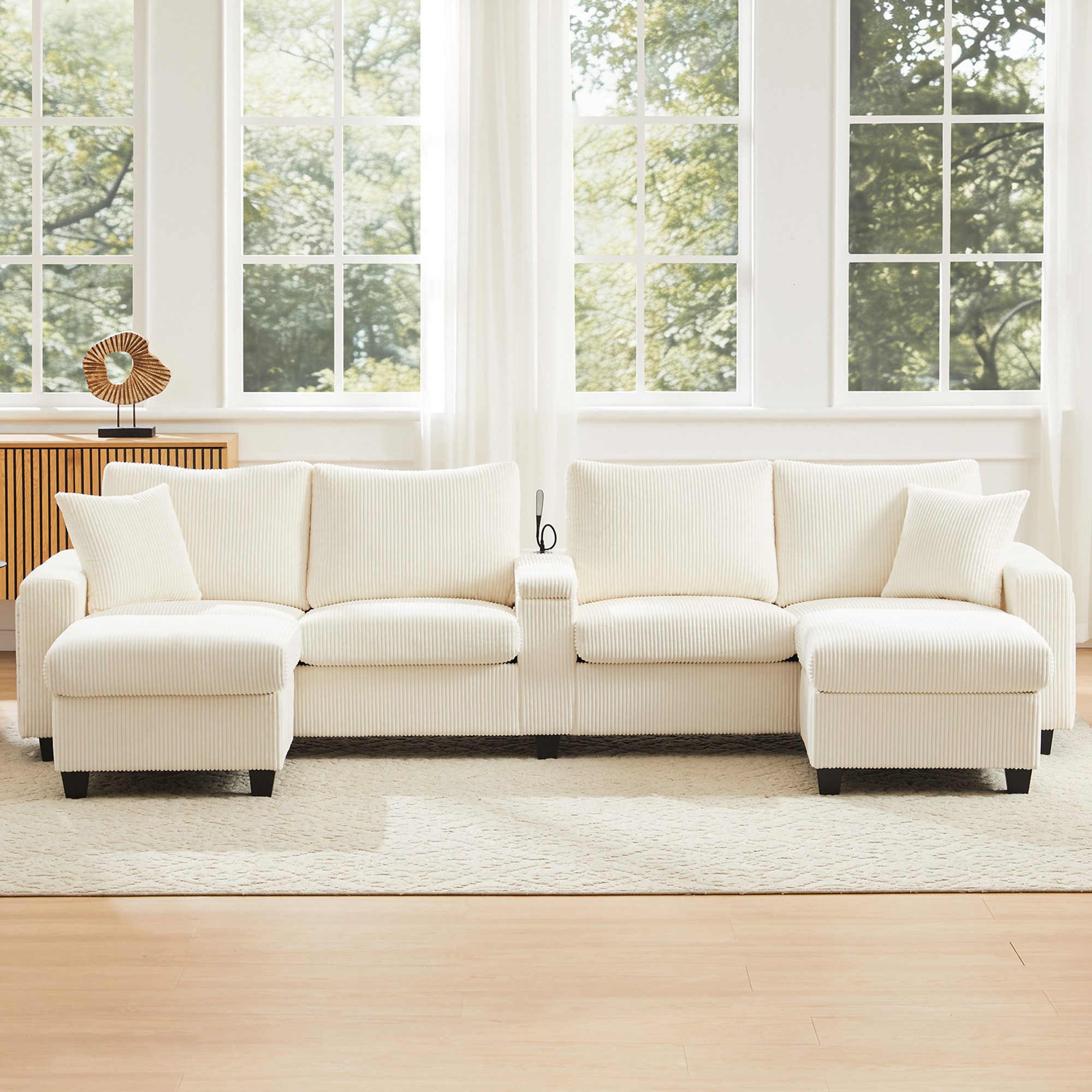 Celya Sofa U-förmiges Cord-Sofa mit 2 Hockern, mit 2 Hockern, Leselampe, Klappablage, Getränkehalter, USB und Type-C, Beidseitige Armlehnen mit dekorativer LED-Beleuchtung