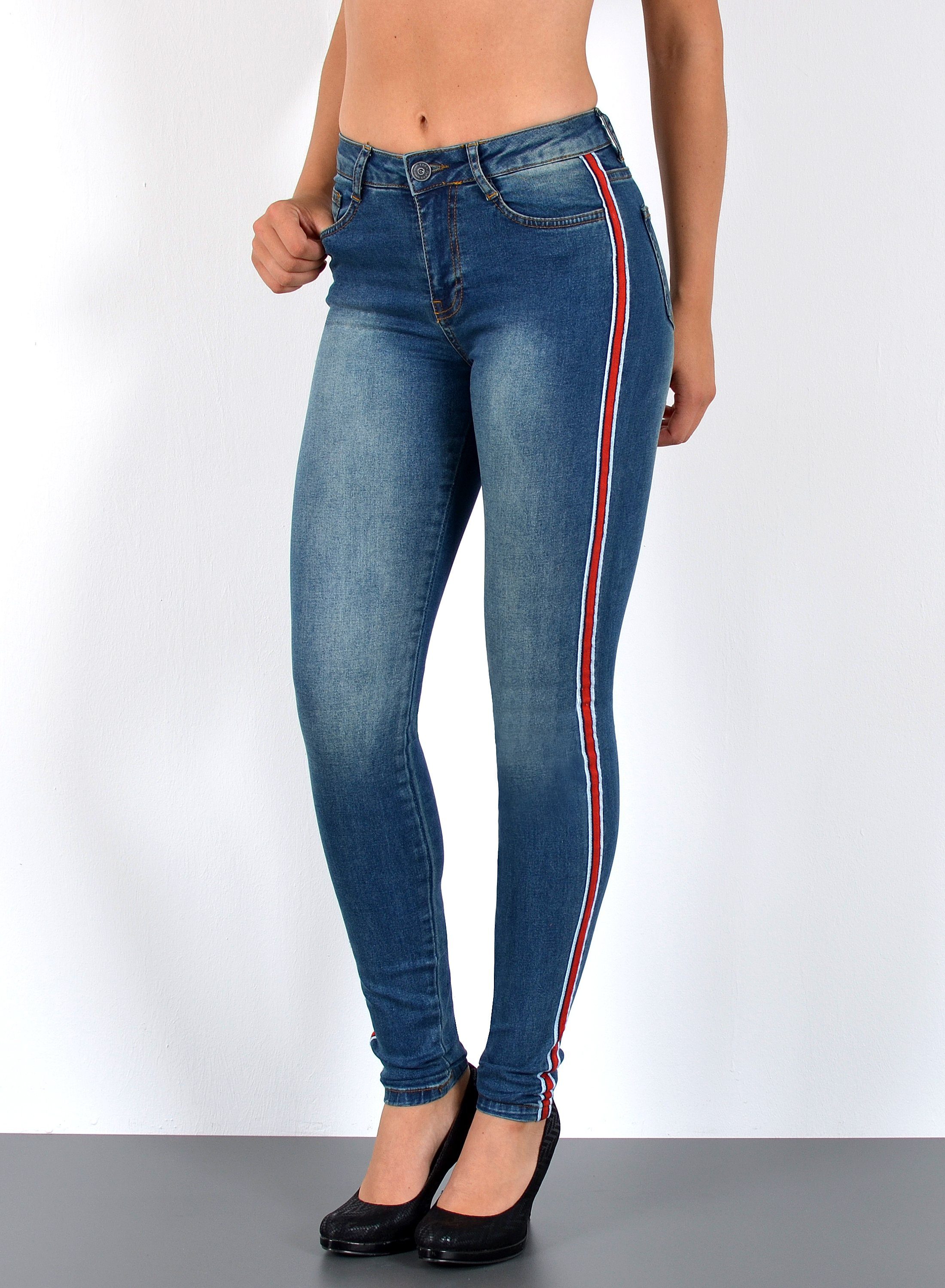 ESRA Skinny-fit-Jeans J330 Damen High Waist Skinny Jeans mit Streifen, bis  Übergröße / Plussize Große Größe, Enge Röhrenjeans mit Galonstreifen hohe  Leibhöhe, Damen enge Skinny Hose mit Seitenstreifen und Stretch, Damen  Stretchjeans