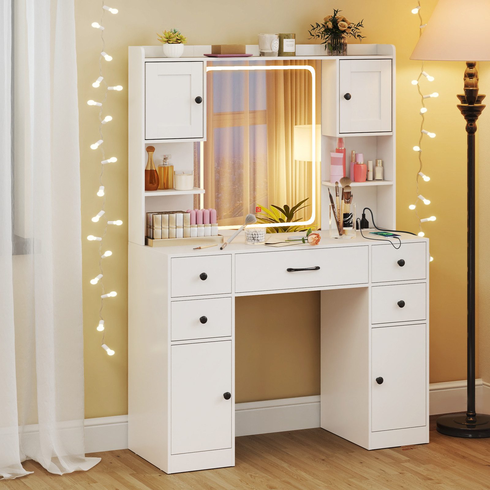 COSTWAY Schminktisch (1-St), mit LED-Beleuchtung, Ladestation, günstig online kaufen