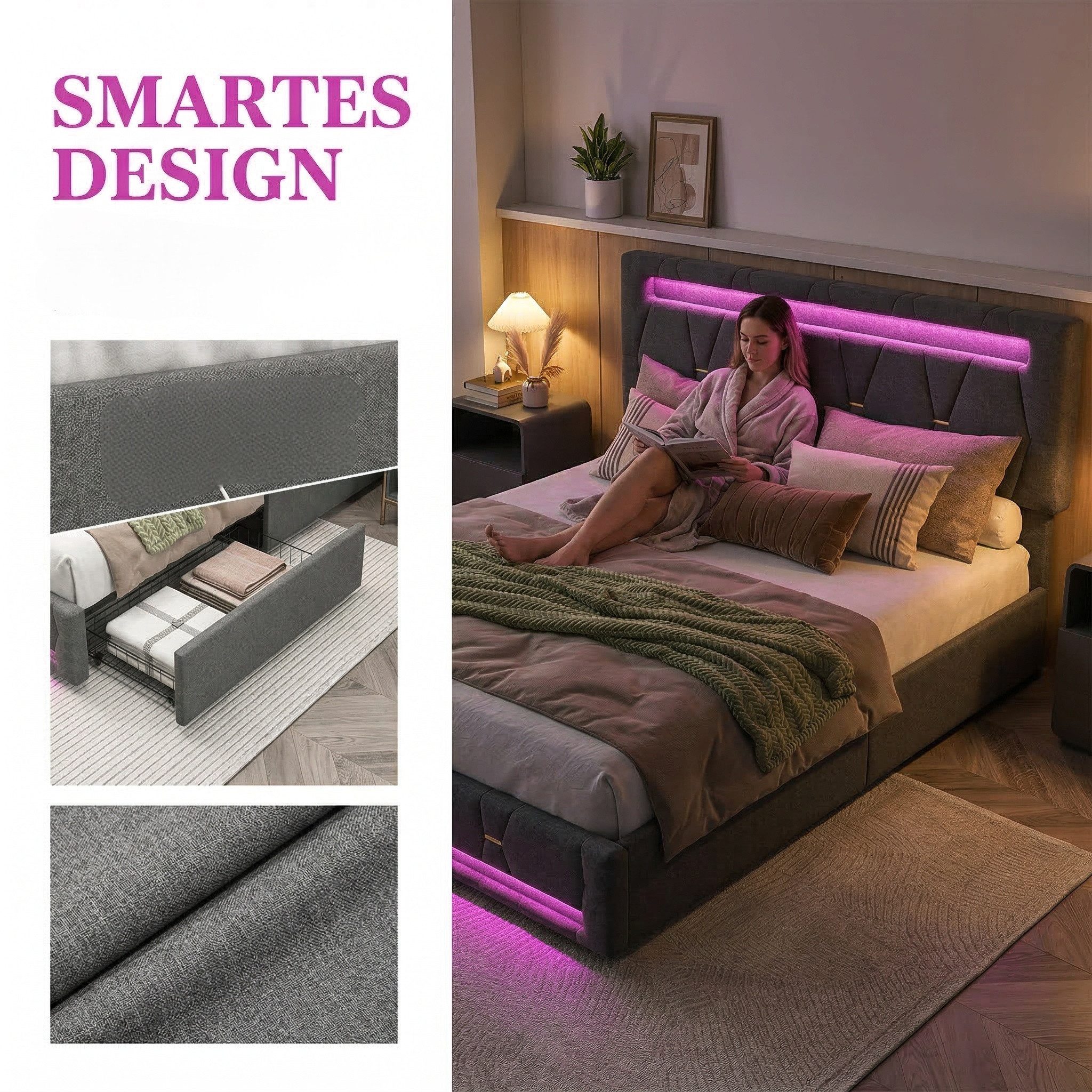 PXloue Polsterbett Doppelbett Stauraumbett mit bettkasten, mit Lattenrost und 4 Schubladen, LED-Beleuchtung, 140x200 cm