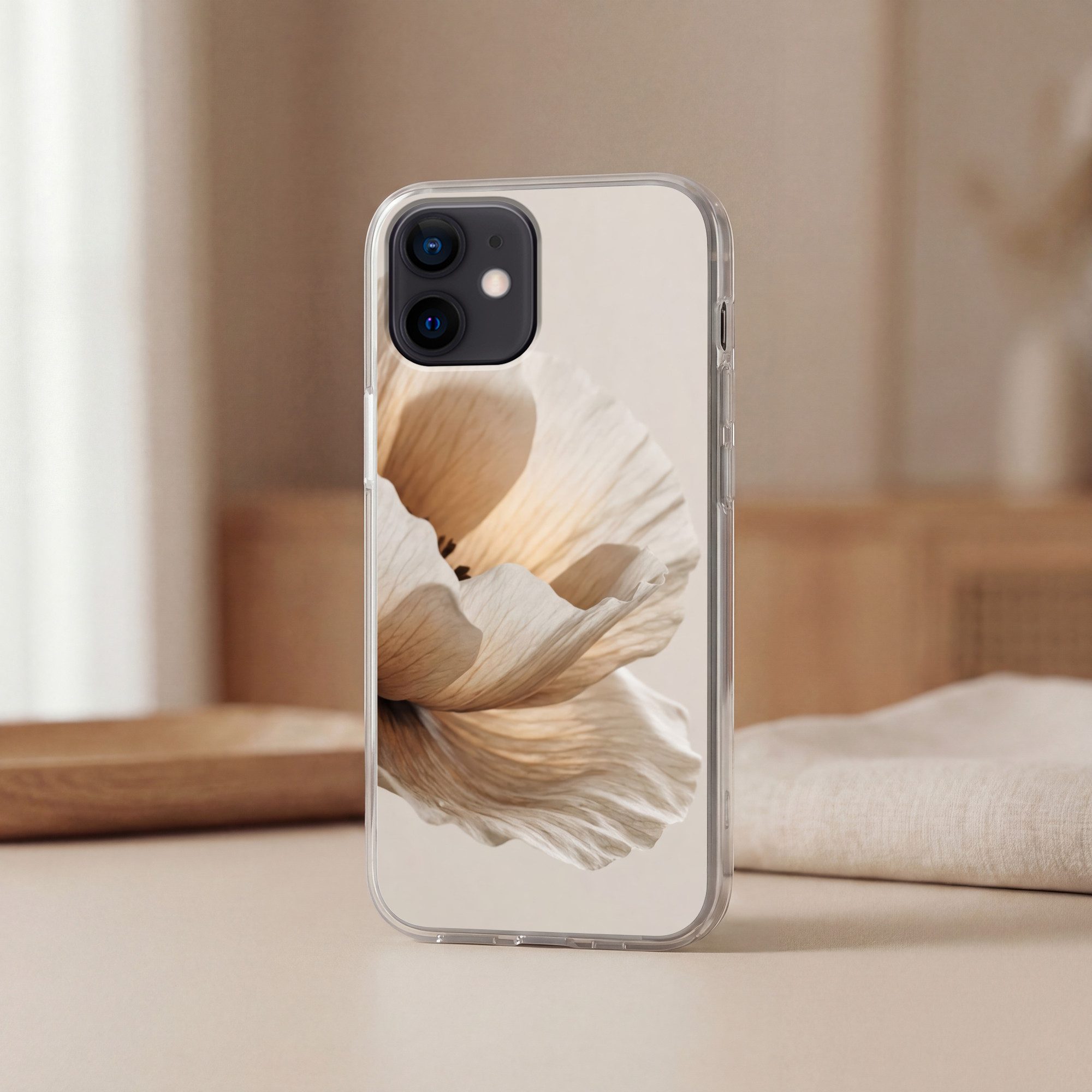 MuchoWow Handyhülle für Apple iPhone 12 Blume - Beige - Creme, Smartphone-Bumper, Print, Handy Schutzhülle Dünn