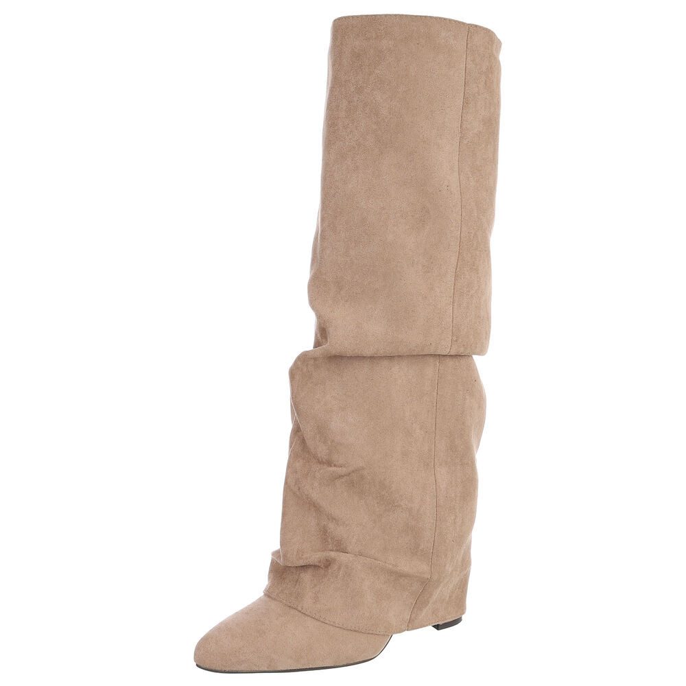 Ital-Design Damen Kniehohe Stiefel mit spitzer Form & Faltenoptik High-Heel-Stiefel (92214248) Blockabsatz Stiefel in Hellbraun