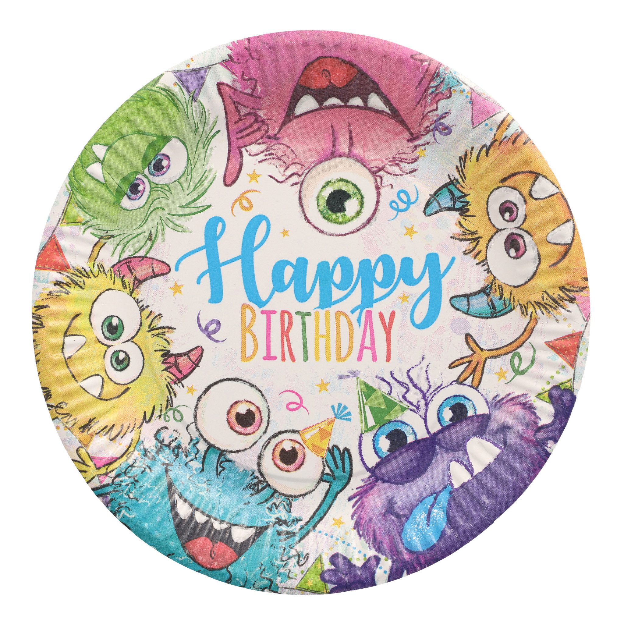 PAPSTAR Pappteller, Pappteller rund 23cm Happy Birthday mit Monstern 10er Set Weiß / Bunt