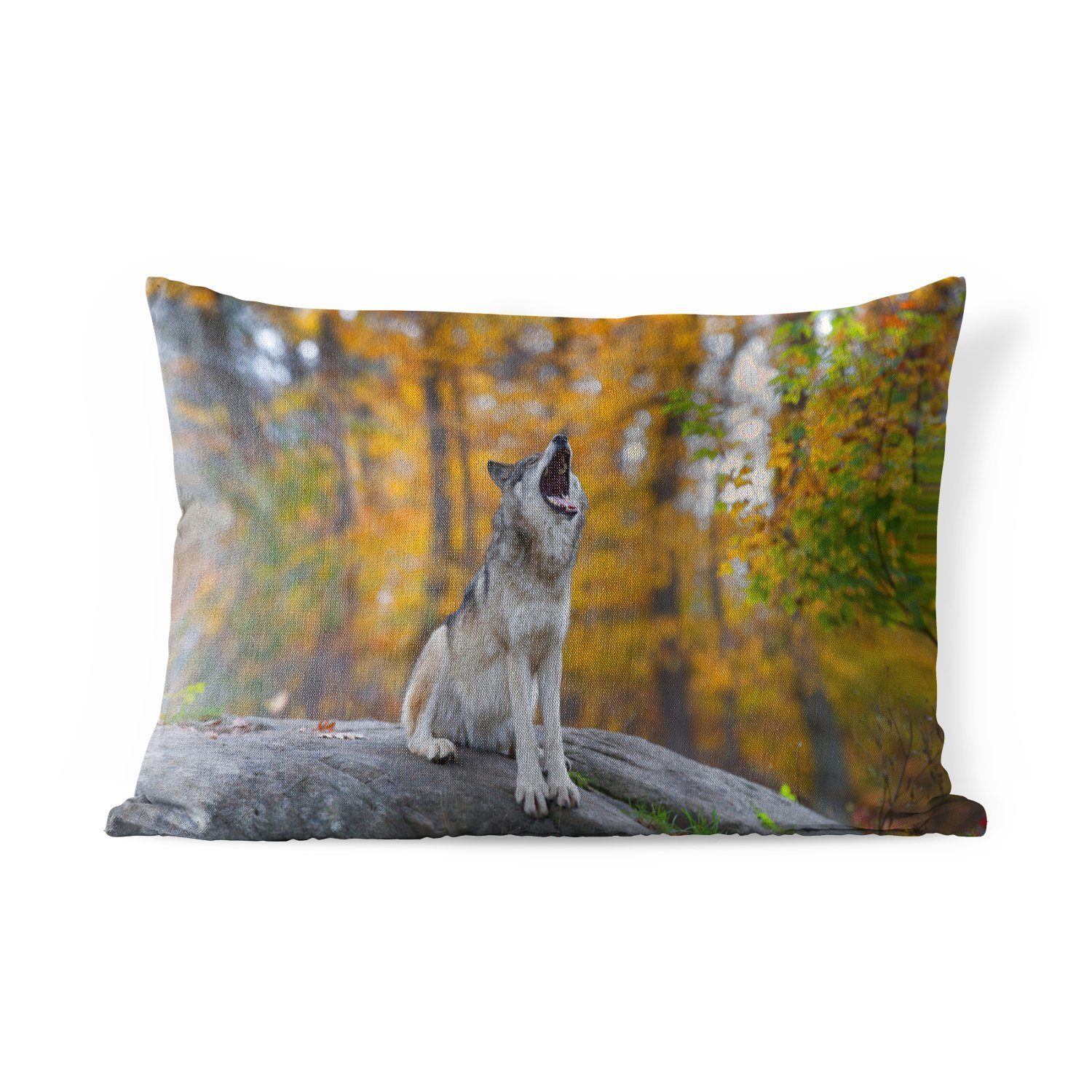 MuchoWow Dekokissen Wolf - Stein - Wald - Herbst, Outdoor-Dekorationskissen, Polyester, Dekokissenbezug, Kissenhülle