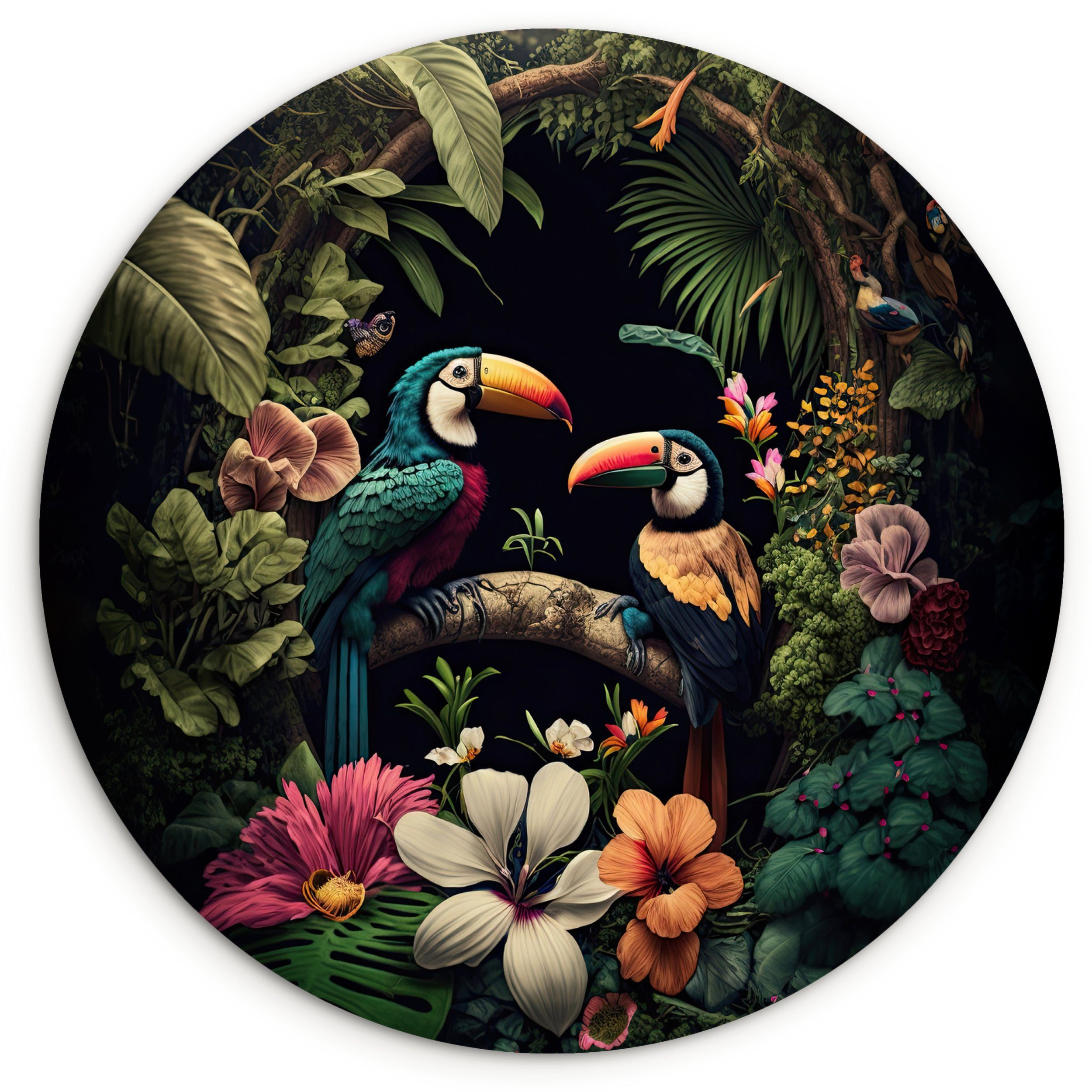 MuchoWow Gemälde Vogel - Blumen - Pflanzen - Dschungel - Schwarz - Tukan, Fotodruck (1 St), Kreis Wanddekoration, Rundes Wandbild, 30x30 cm