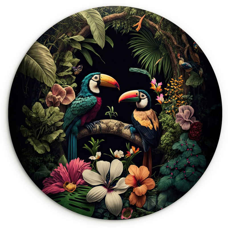 MuchoWow Gemälde Vogel - Blumen - Pflanzen - Dschungel - Schwarz - Tukan, (1 St), Kreis Wanddekoration Forex, Rundes Wandbild, Wohnzimmer, 30x30 cm