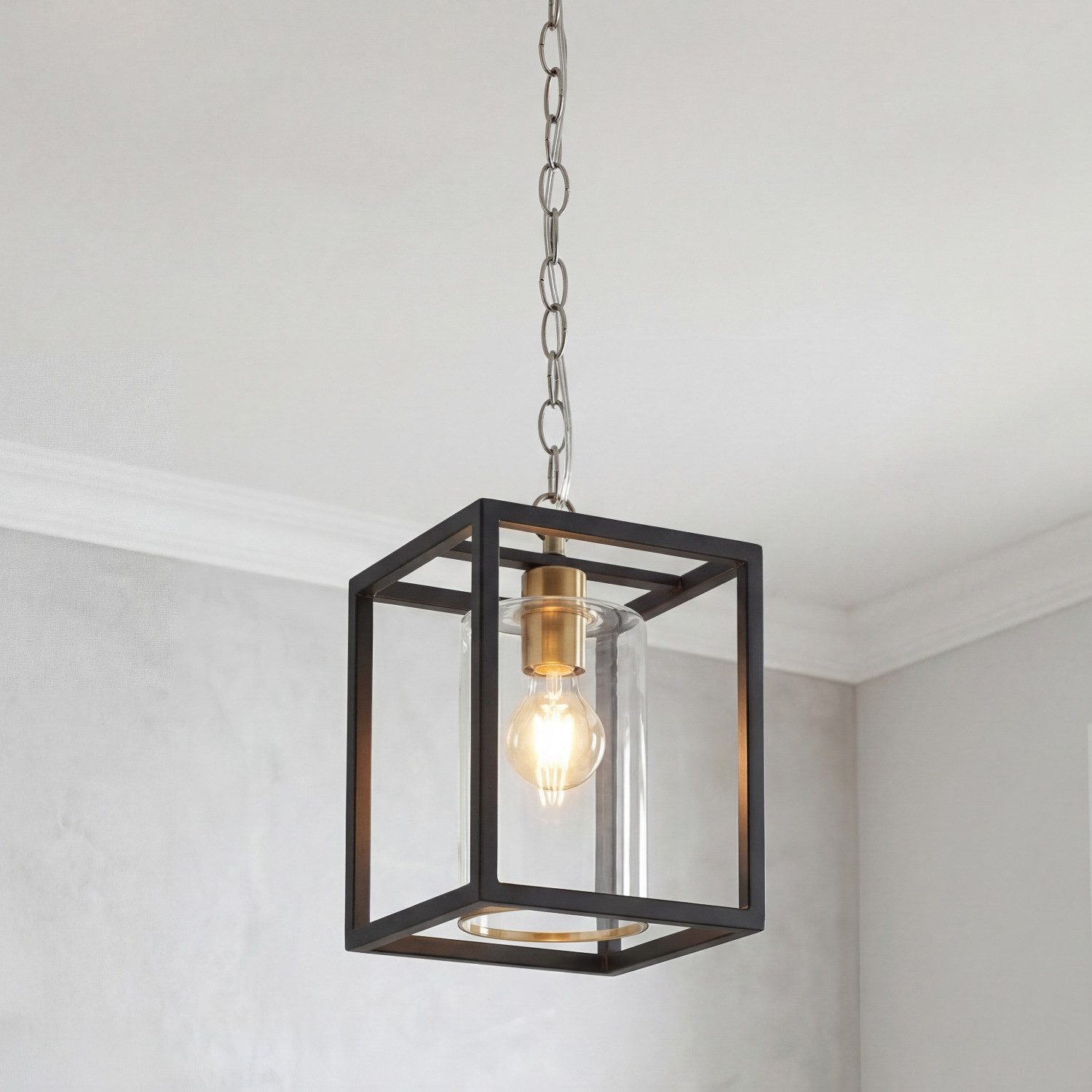 Licht-Erlebnisse Pendelleuchte COVENTRY, ohne Leuchtmittel, Metall Glas B: 20 cm H: max. 140 cm in Schwarz Gold E27 Vintage Look