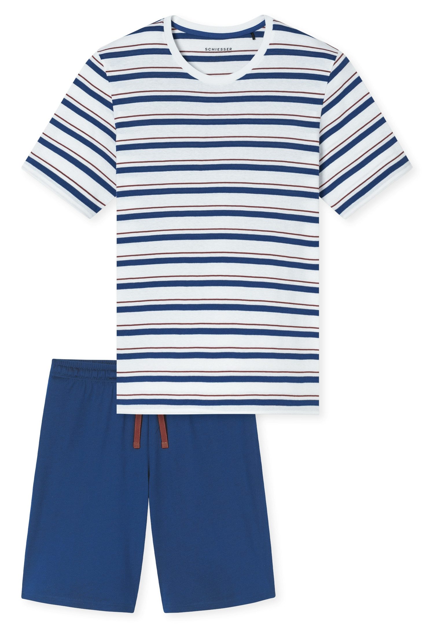Schiesser Shorty Casual Nightwear (2 tlg) mit gestreiftem Oberteil, Rundhalsausschnitt und kurzen Ärmeln