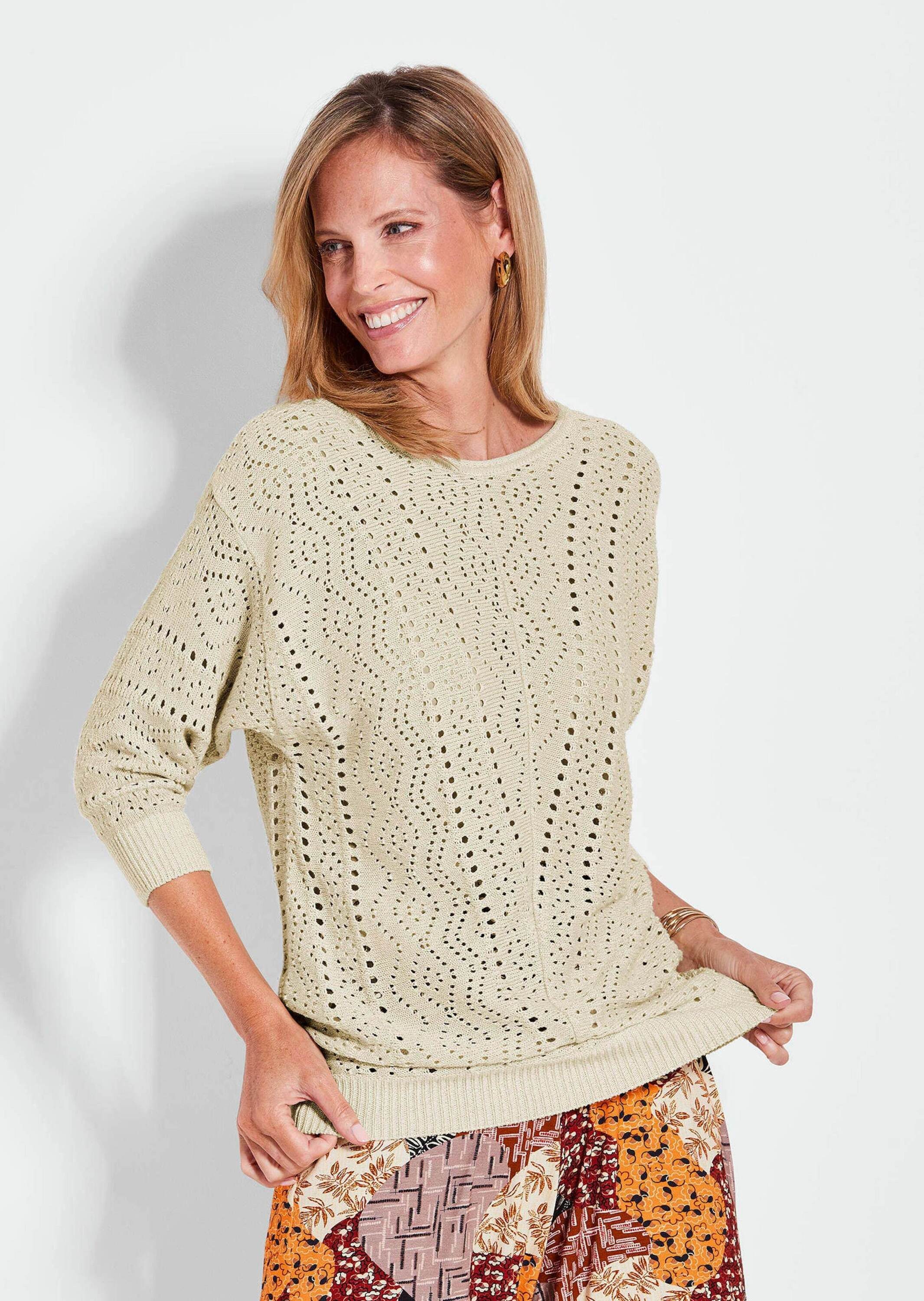 GOLDNER Strickpullover Weißer Halbarmpullover Eleganter Pullover mit 3/4 Ar günstig online kaufen