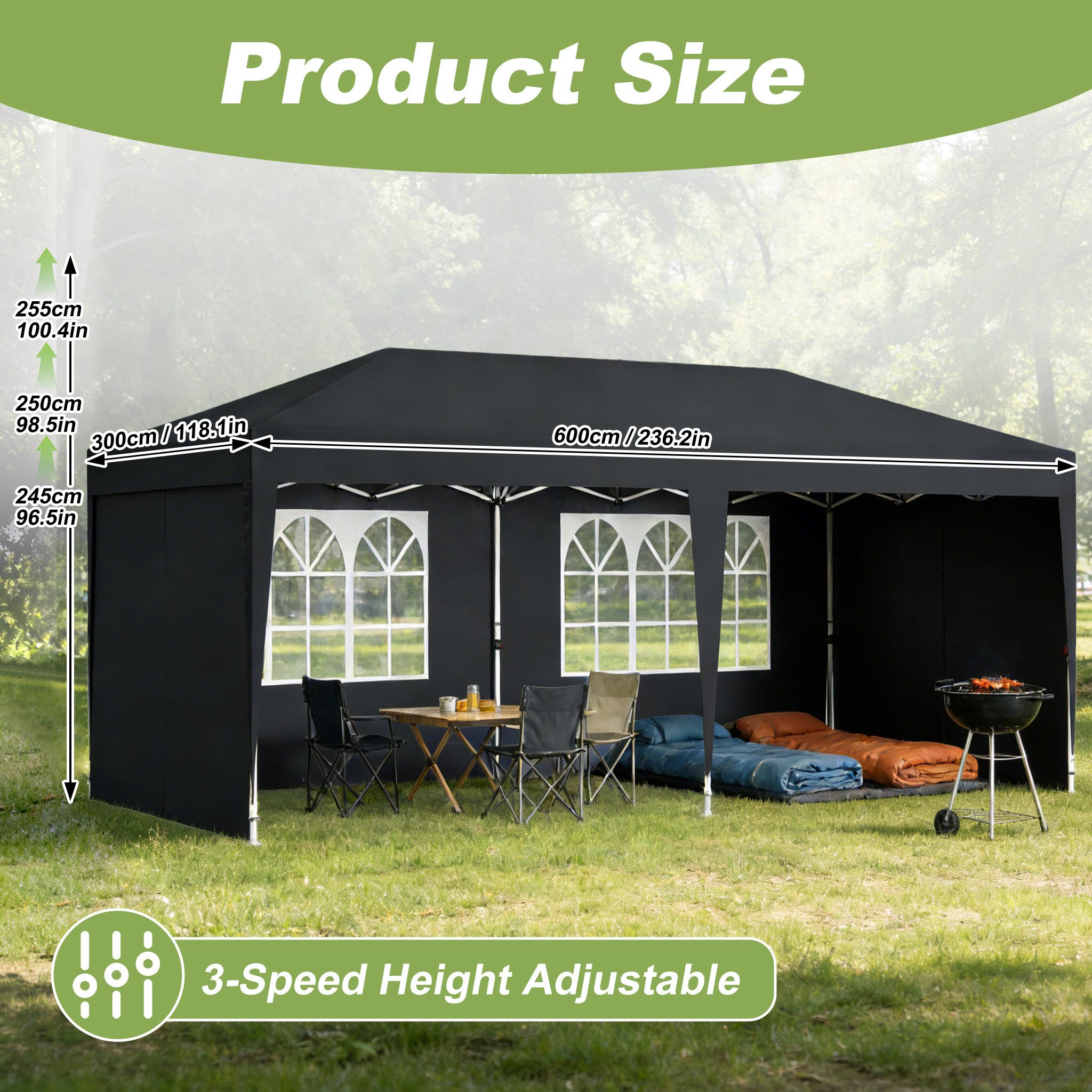 FIVMEN Partyzelt 3x6m Faltpavillon mit 6 Seitenwände Höhenverstellbar Gartenpavillon, Ideal für Gartenfeste & Feiern, Einfach aufbauen