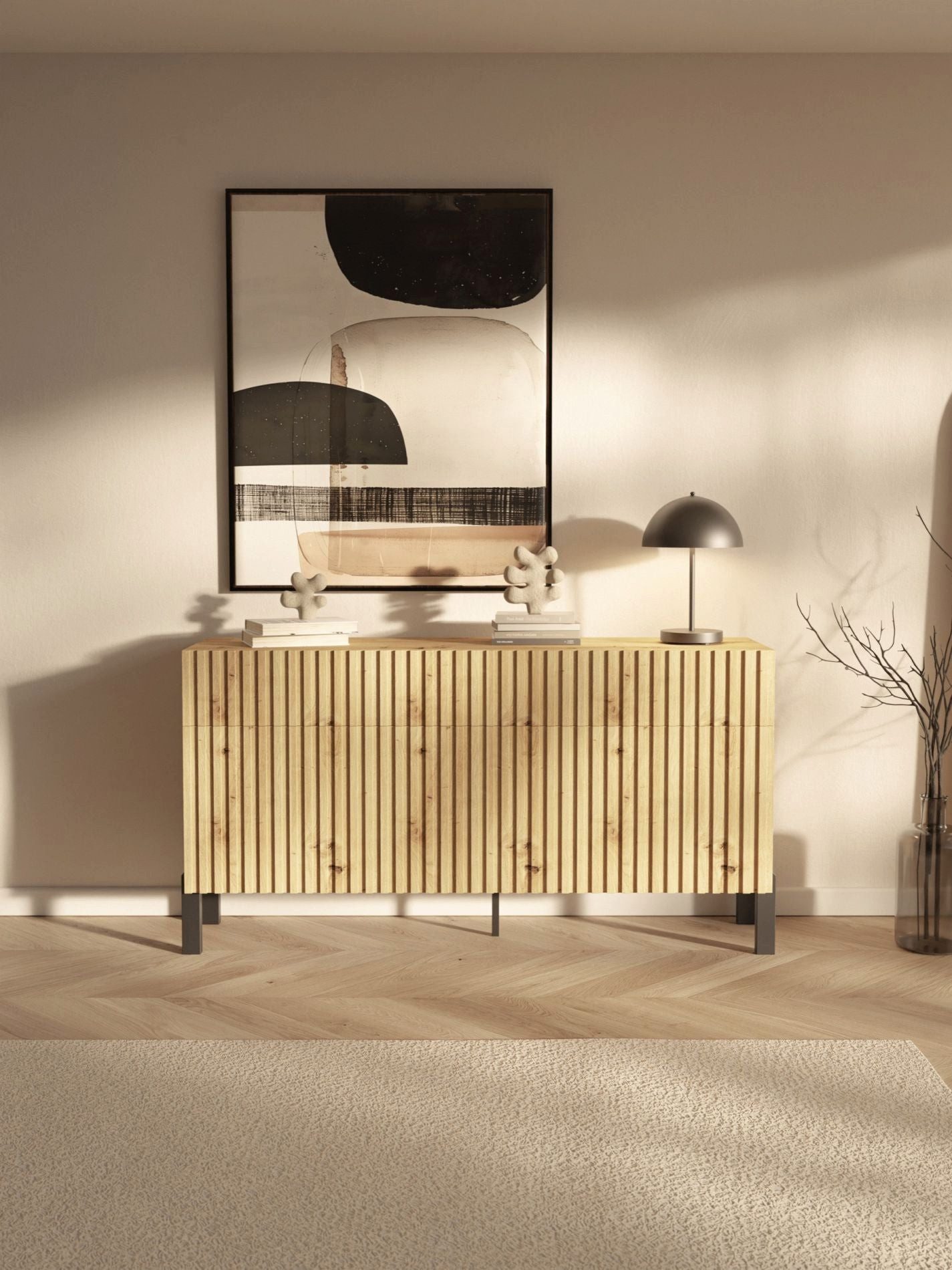 Selsey Sideboard TELIRE, 3 Türen, 3 Schubladen mit Push-to-Open, Lamellenfront, Metallfüße