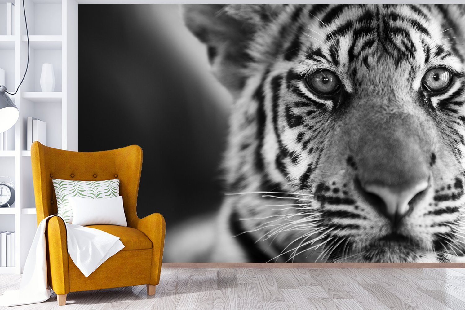 Tiger Matt, - MuchoWow Schlafzimmer, Wohnzimmer, Tapete Wallpaper für (6 - Kinderzimmer, - Schwarz Jungtier Fototapete bedruckt, Weiß, Vinyl St),