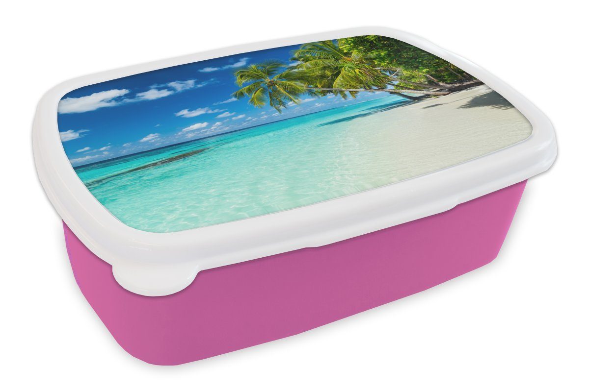 MuchoWow Lunchbox Palmen - Strand - Meer - Sommer, Kunststoff, (2-tlg), Brotbox für Erwachsene, Brotdose Kinder, Snackbox, Mädchen, Kunststoff rosa