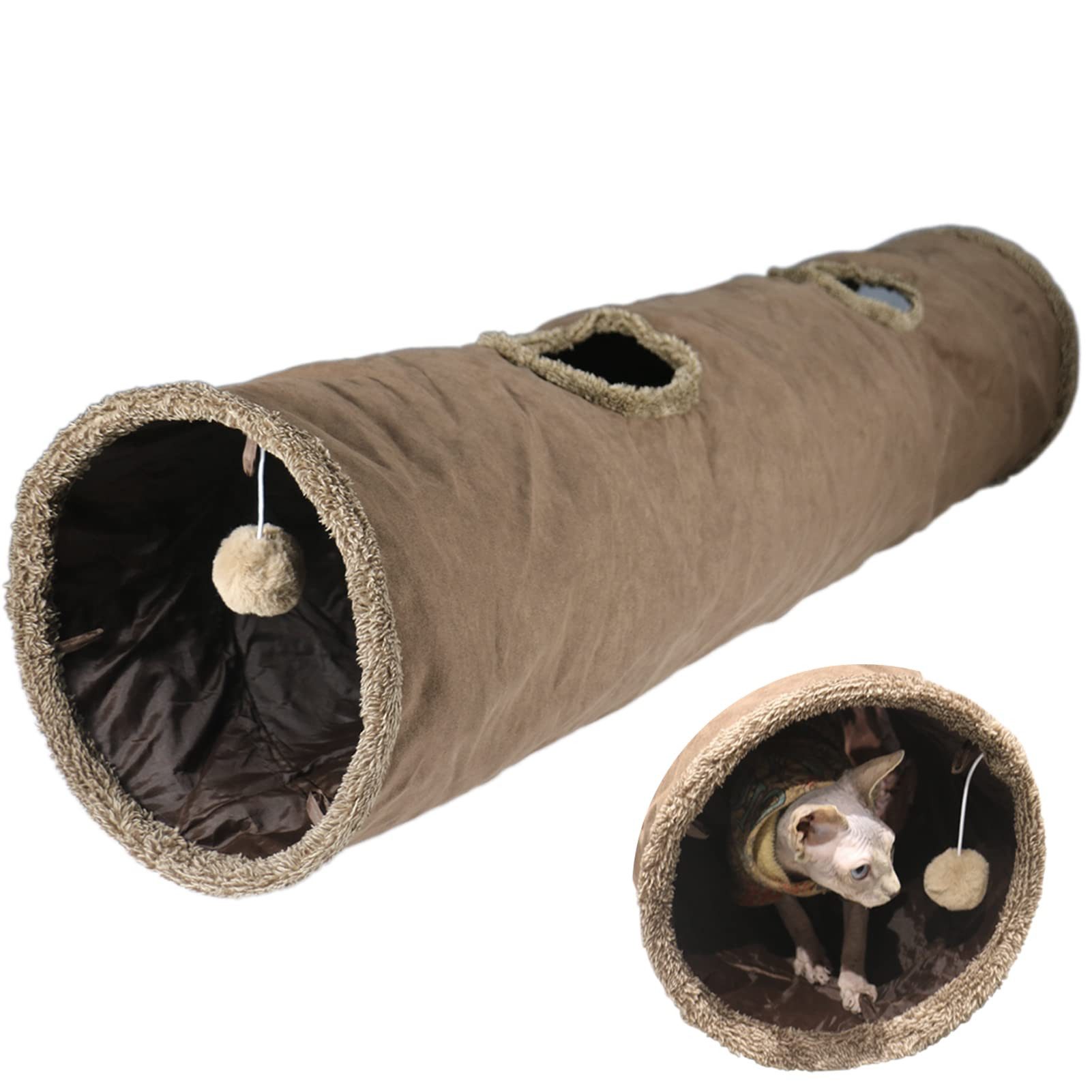 SURFOU Agility-Tunnel Katzentunnel Faltbarer Rascheltunnel mit Spielzeugball Kunstwildleder, Kunstwildleder, katzen spielzeug katzen zubehör mit Spielzeugball, 130 * 30cm, für Katzen Welphln Kaninchenoder Kleintiere (1-tlg) Katzentunnel rund, faltbar, aus robustem Kunstwildleder