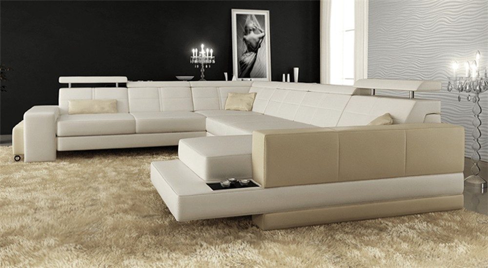 JVmoebel Wohnlandschaft Ecksofa aus weißem Leder mit Ottomane und Edelstahlfüßen, Made in Europa