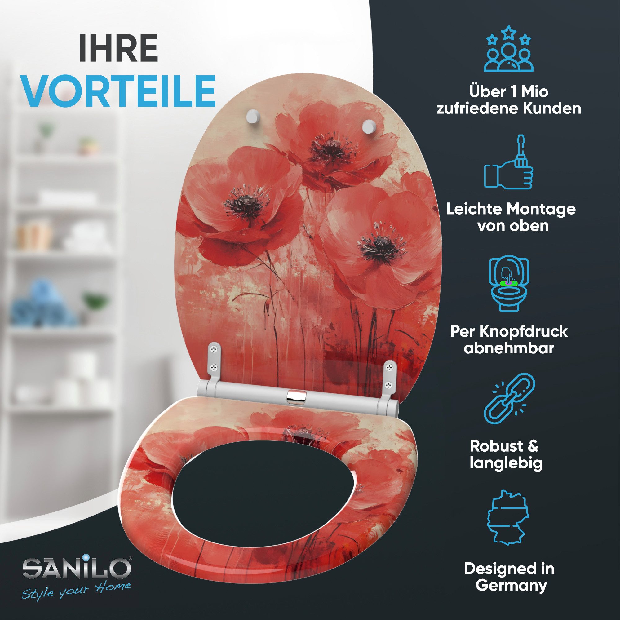 Sanilo WC-Sitz Poppy mit Absenkautomatik & Quick Release, hochwertig, abnehmbar, leichte Montage von oben, mit Schraubenzieher – Bild 2 von 5