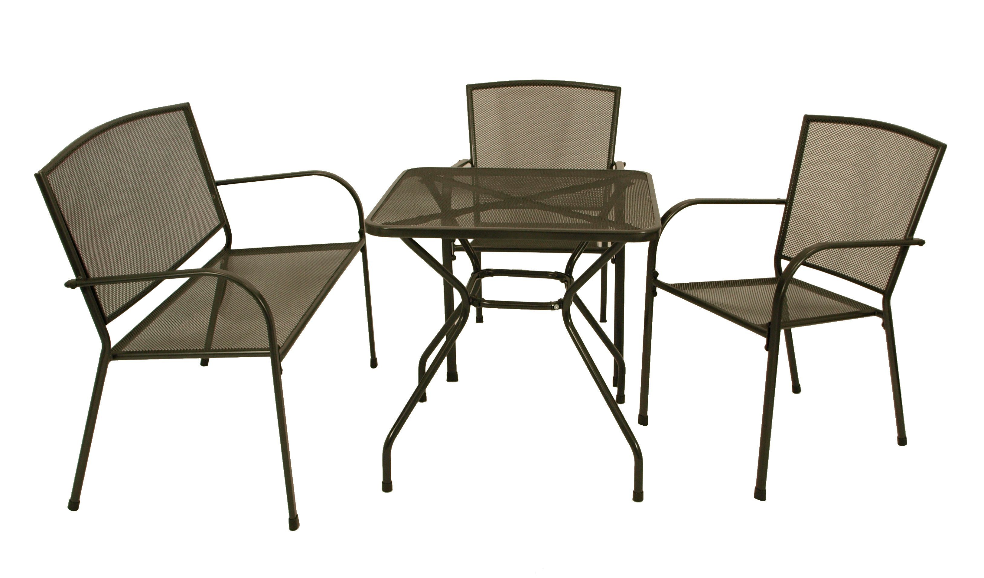 DEGAMO Garten-Essgruppe CLASSIC, (4-tlg), (2x Stapelsessel, 1x Bank 2-sitzer,  1x Tisch 70x70cm), Stahl und Streckmetall anthrazit